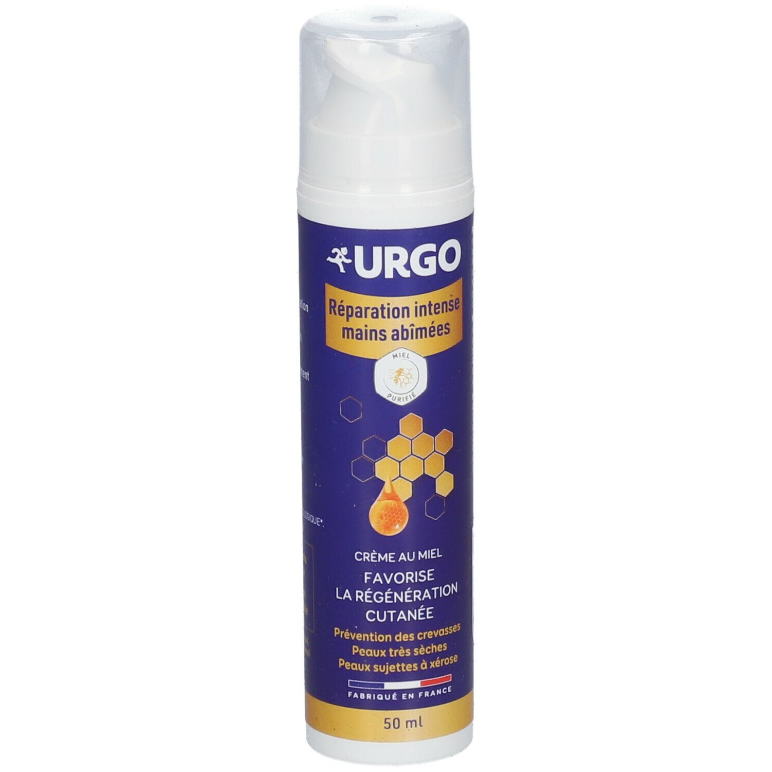 Tube de crème pour les mains URGO, bleu et blanc. Texte: Réparation intense mains abîmées. Motif miel.