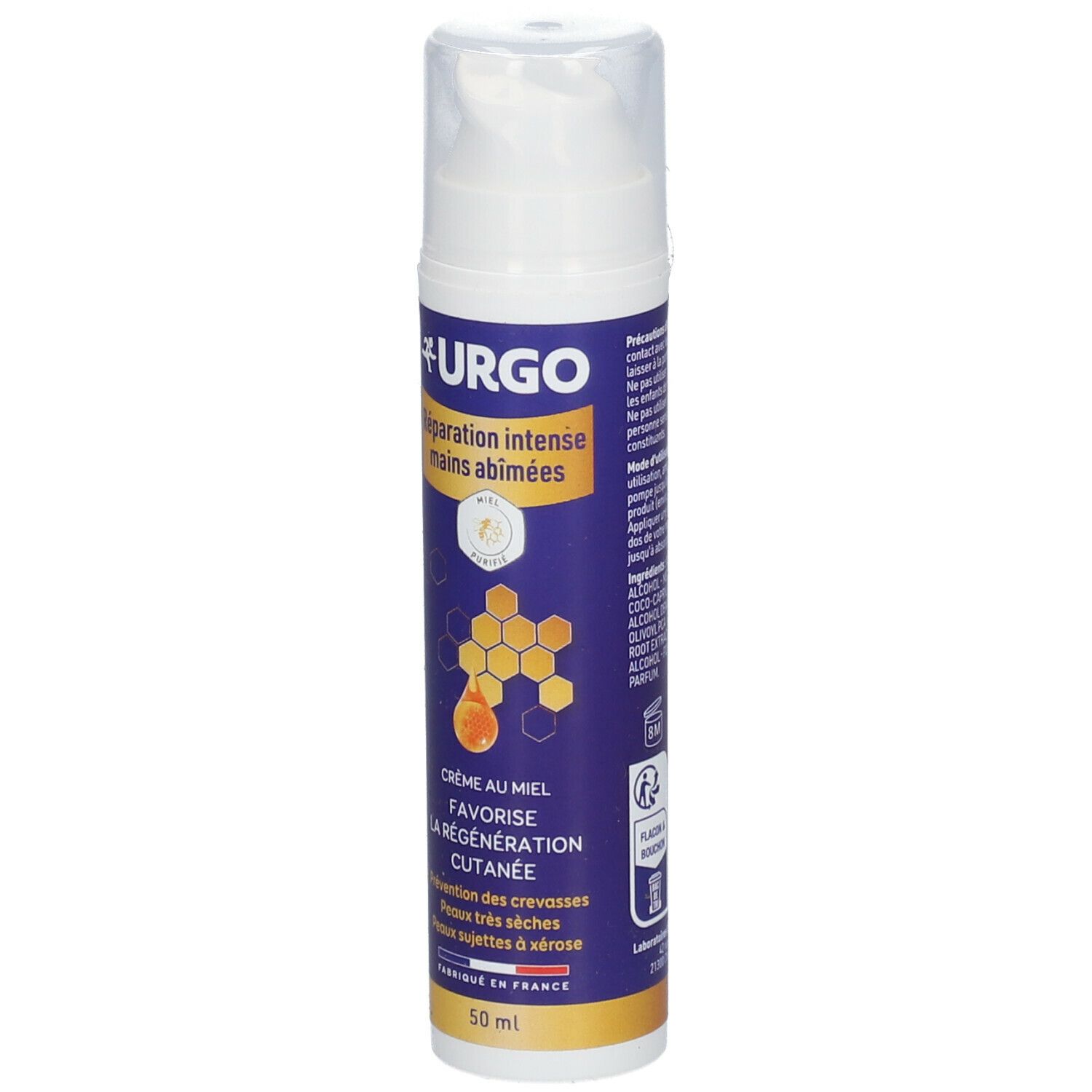 Tube de crème pour les mains URGO, bleu et blanc. Texte: Réparation intense mains abîmées. Motif miel.