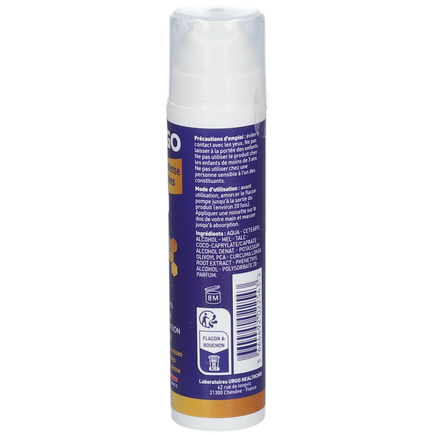 Tube de crème URGO. Texte: Crème mains au miel. Ingrédients, conseils d'utilisation et informations fabricant.