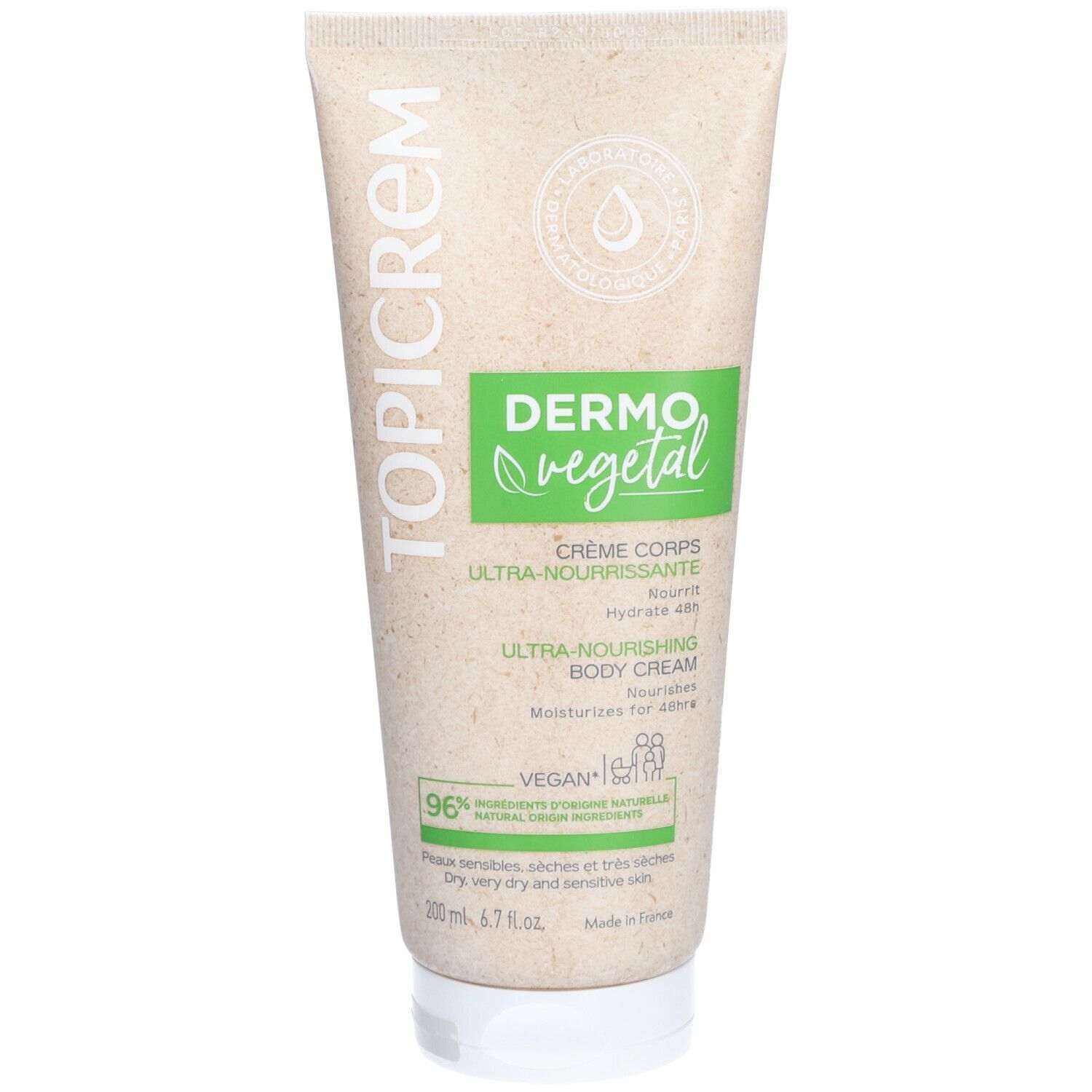 Topicrem DERMOVEGETAL Crème Corps. Tube beige avec étiquette verte, texte Ultra-Nourrissante, vegan. Pour peaux sèches et très sèches.