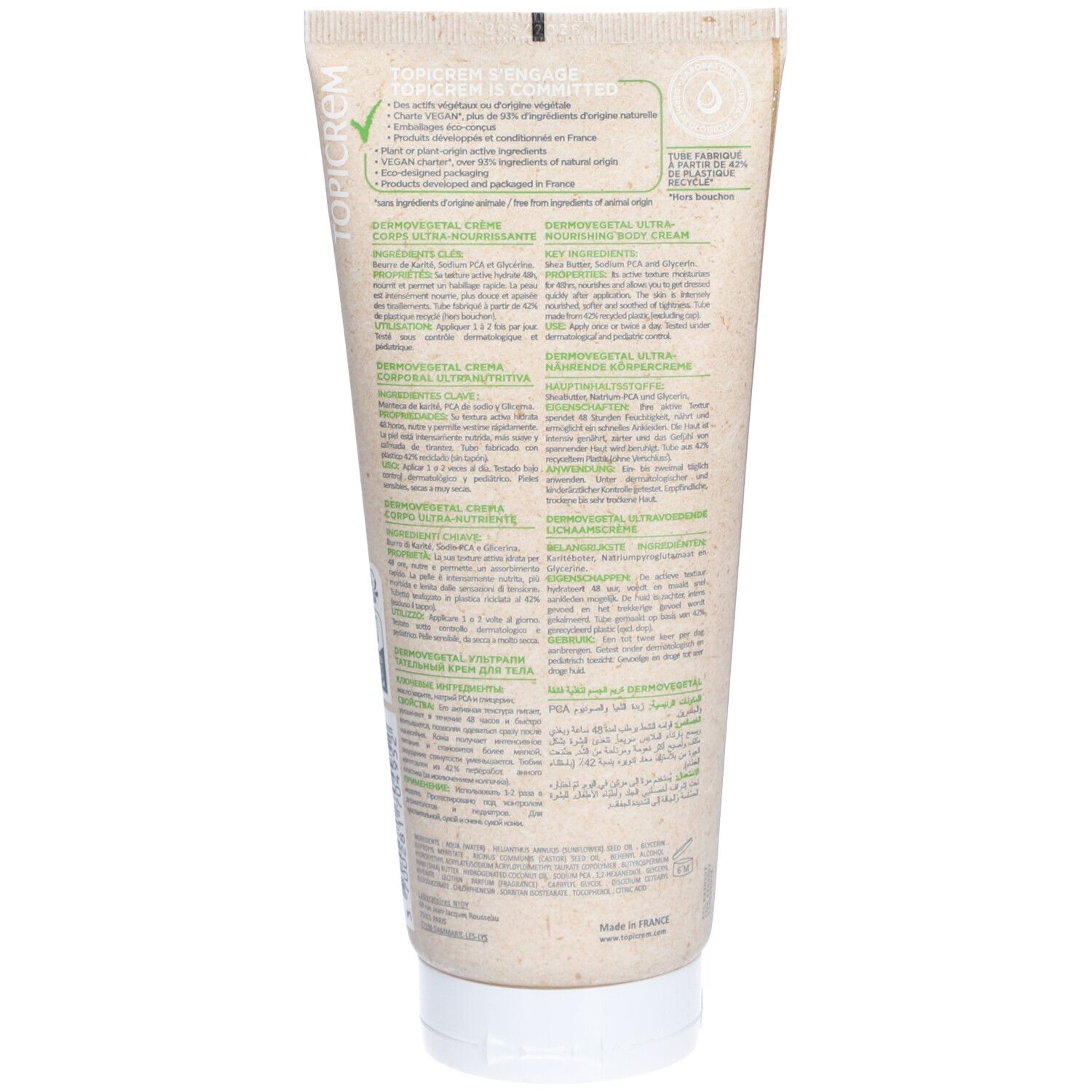Dos du tube Topicrem DERMOVEGETAL Crème Corps. Texte multilingue, dont français, allemand, italien, néerlandais.