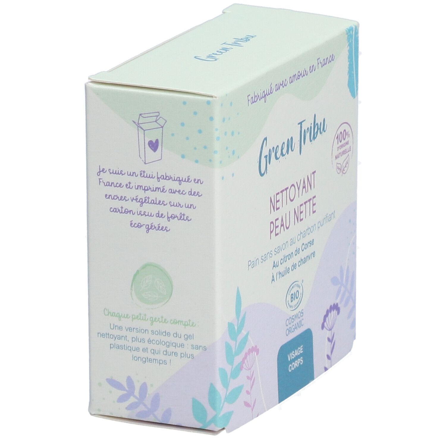 Boîte en carton avec impression du produit. Texte: Green Tribu, Nettoyant Peau Nette, certification bio, fabriqué en France.