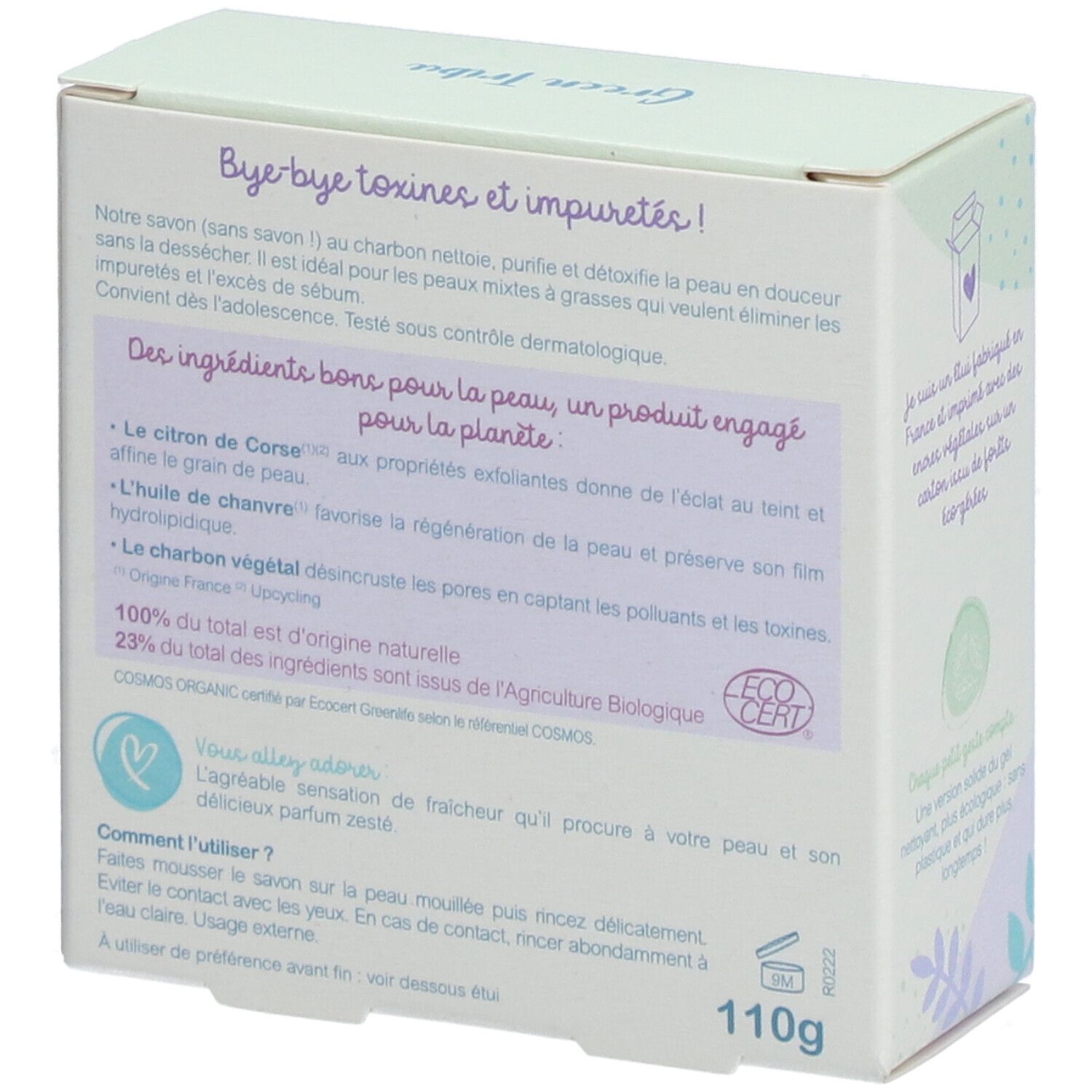 Dos de la boîte en carton. Texte: Ingrédients, 110g, certification bio, mode d'emploi, origine des ingrédients.