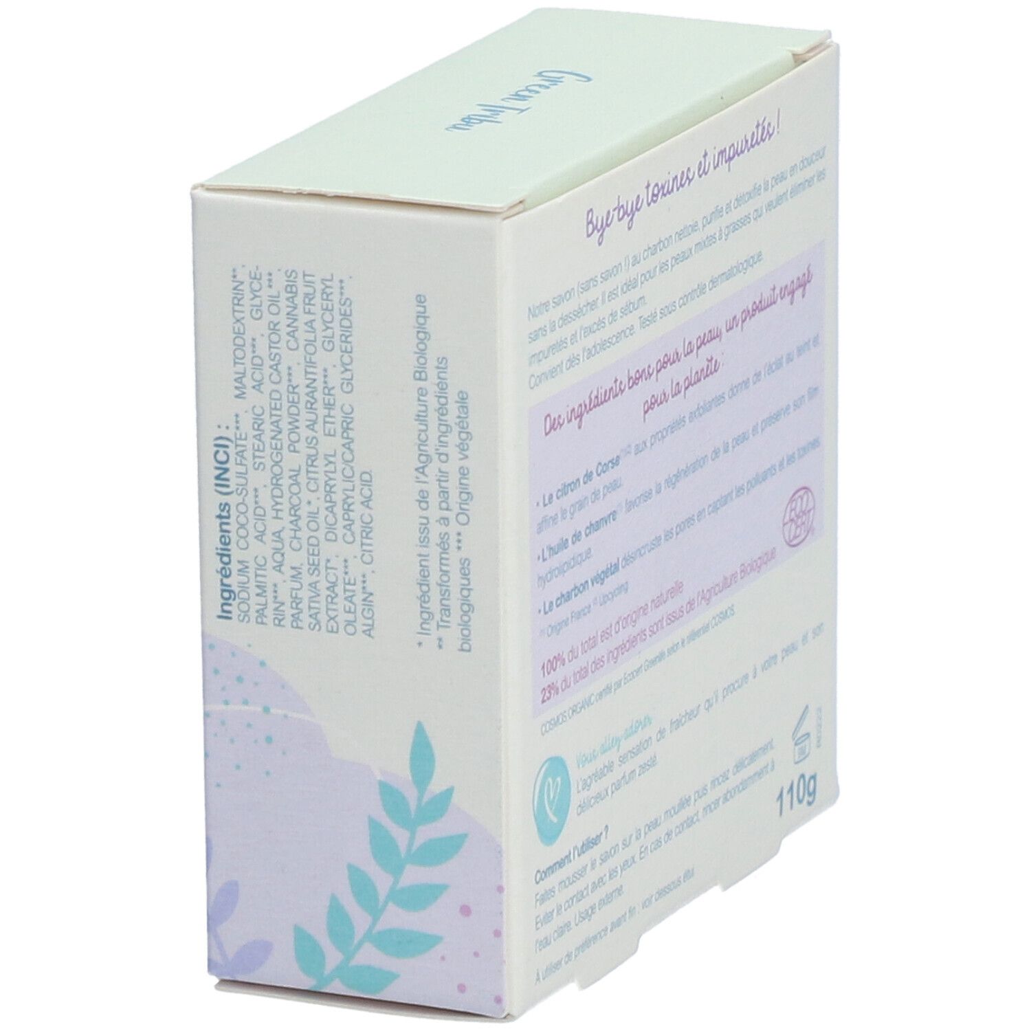 Dos de la boîte en carton. Texte: Ingrédients, 110g, certification bio, mode d'emploi, origine des ingrédients.
