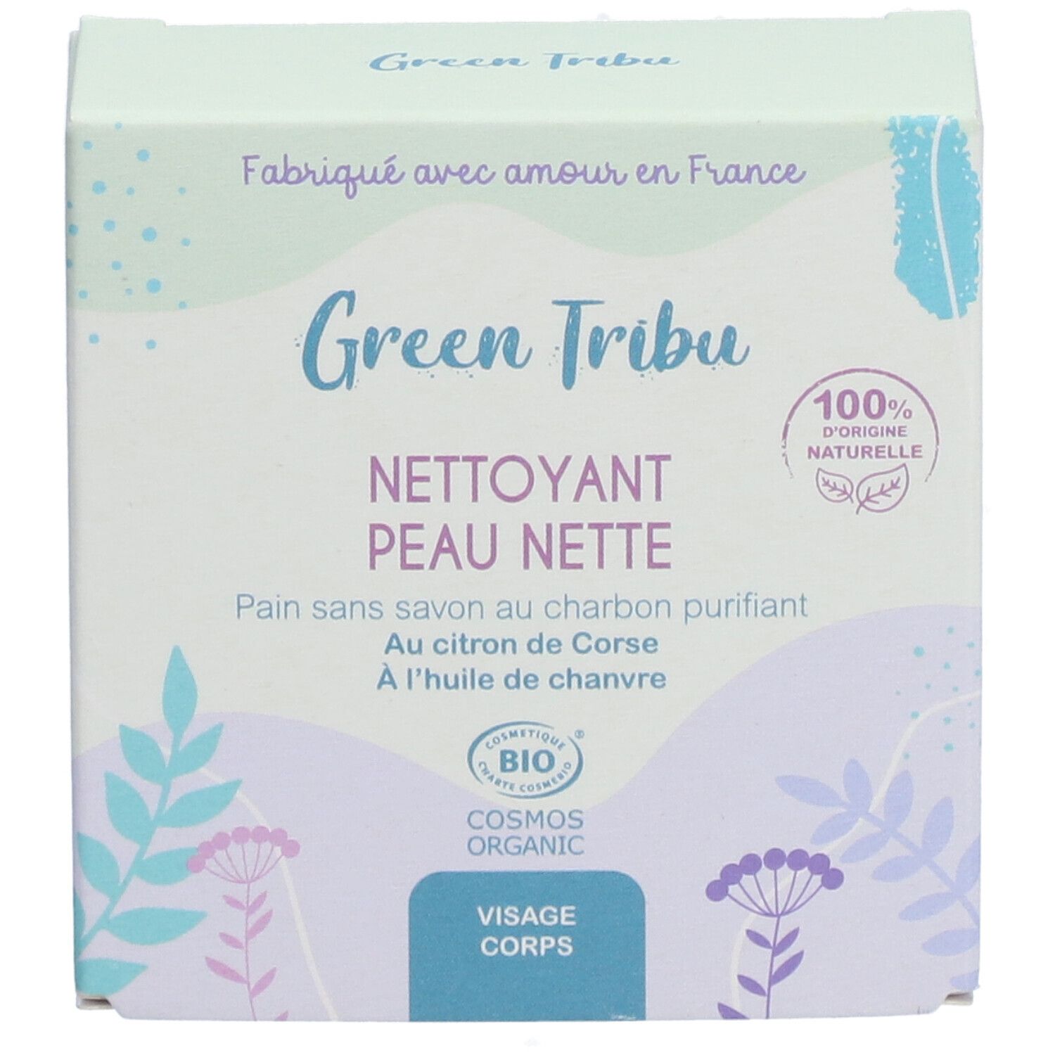 Boîte en carton avec impression du produit. Texte: Green Tribu, Nettoyant Peau Nette, certification bio, 100% ingrédients naturels.