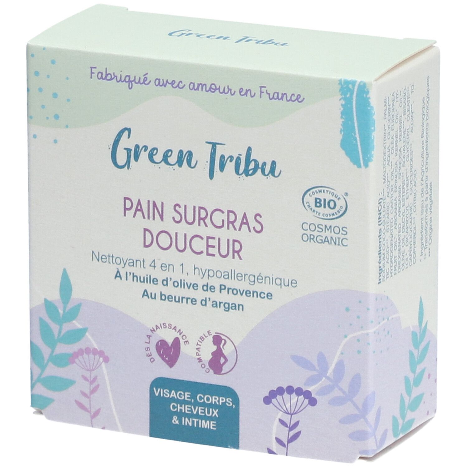 Boîte de produit. Inscription: Green Tribu, Pain Surgras Douceur. Certification Bio. Pour visage, corps, cheveux et intime.