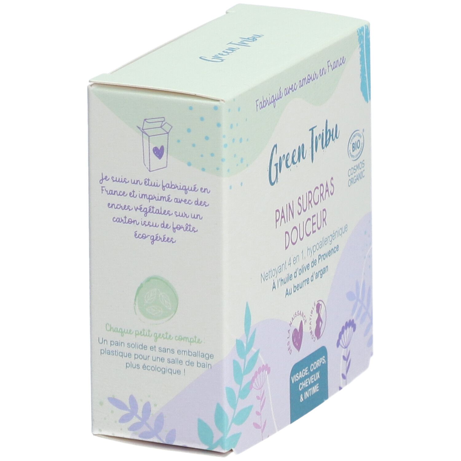 Emballage du produit. Inscription: Green Tribu, Pain Surgras Douceur. Certification Bio. Pour visage, corps, cheveux et intime.