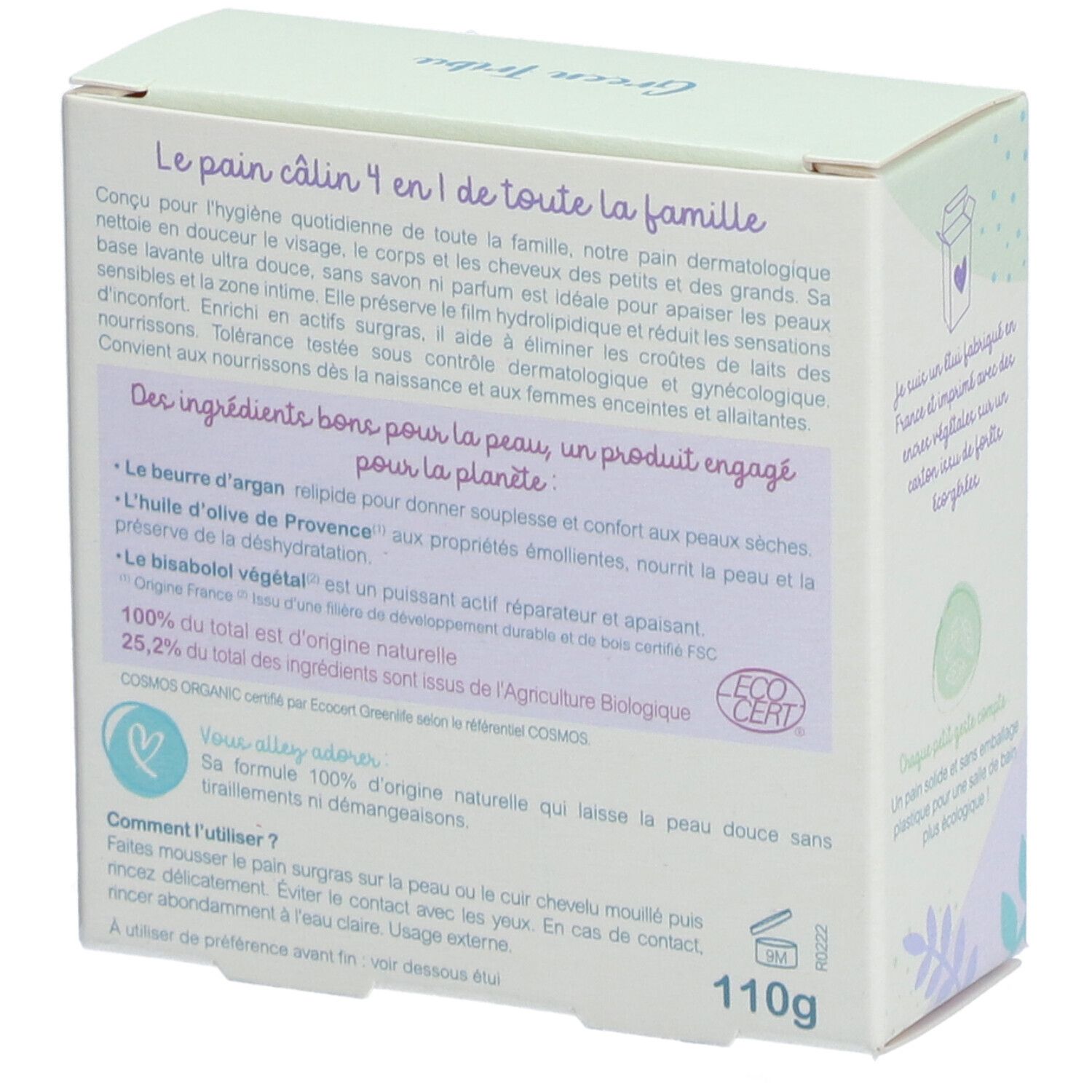Dos de l'emballage du produit. Texte sur les ingrédients et l'utilisation. Certification Bio. Poids: 110g.
