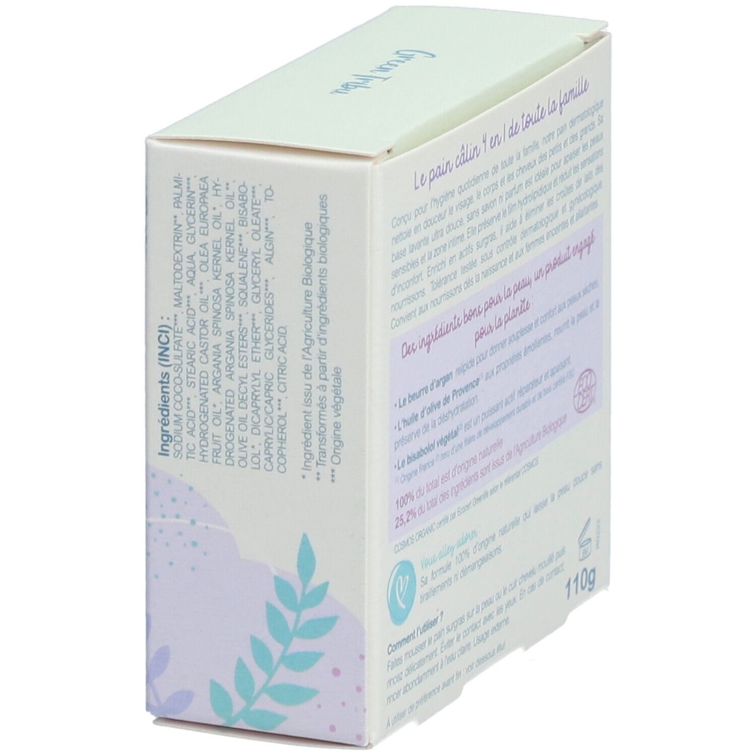 Emballage du produit, dos. Ingrédients et certification Bio. Poids: 110g.