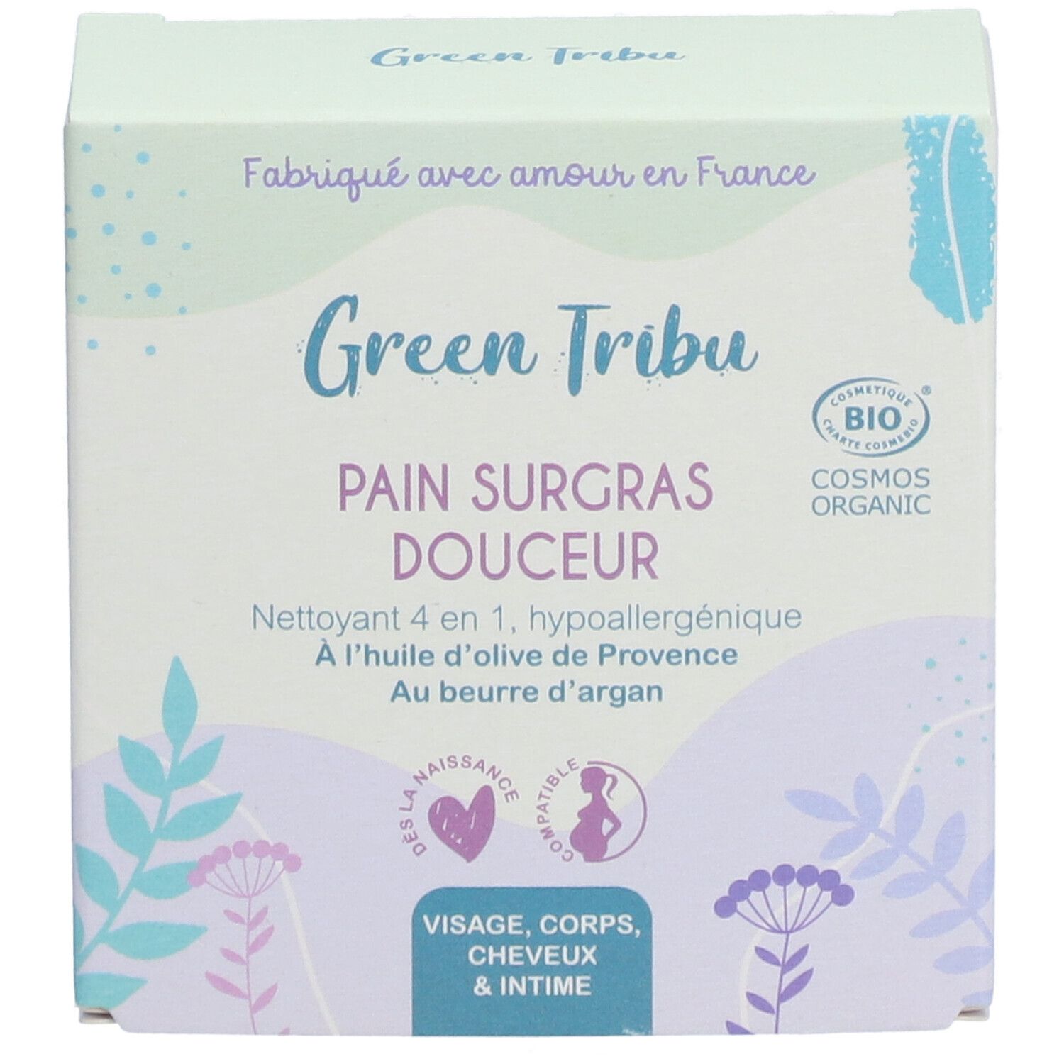 Emballage du produit. Inscription: Green Tribu, Pain Surgras Douceur. Certification Bio. Pour visage, corps, cheveux et intime.
