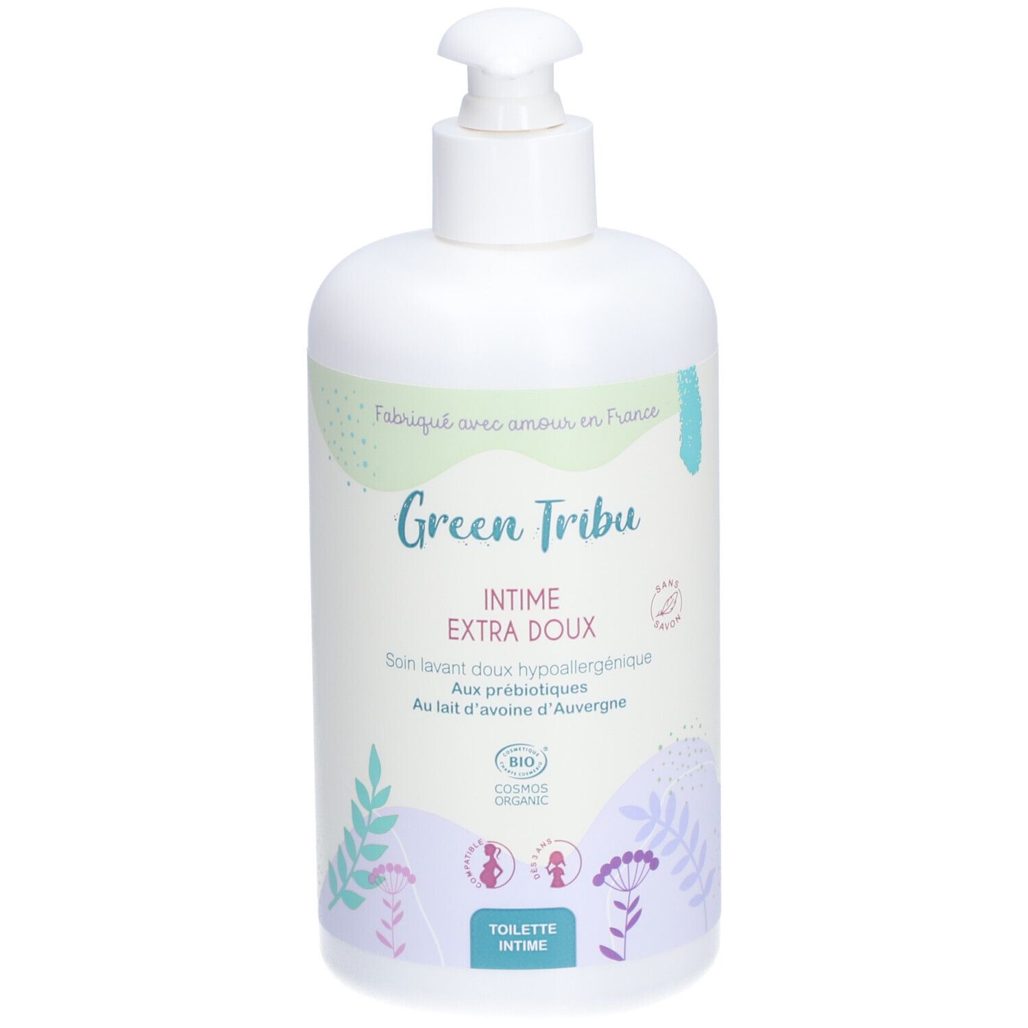 Flacon blanc avec pompe. Inscription: Green Tribu INTIME EXTRA DOUX. Certification bio. Pour toilette intime.