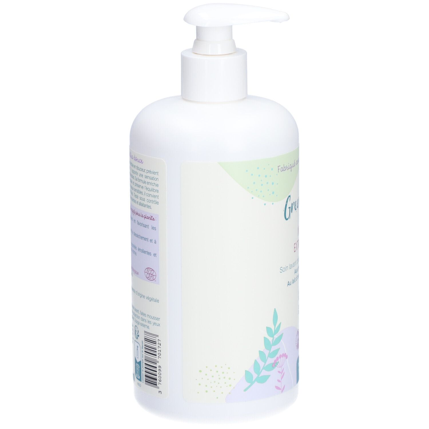 Flacon blanc avec pompe. Inscriptions et texte sur le côté. Certification bio. Pour toilette intime.