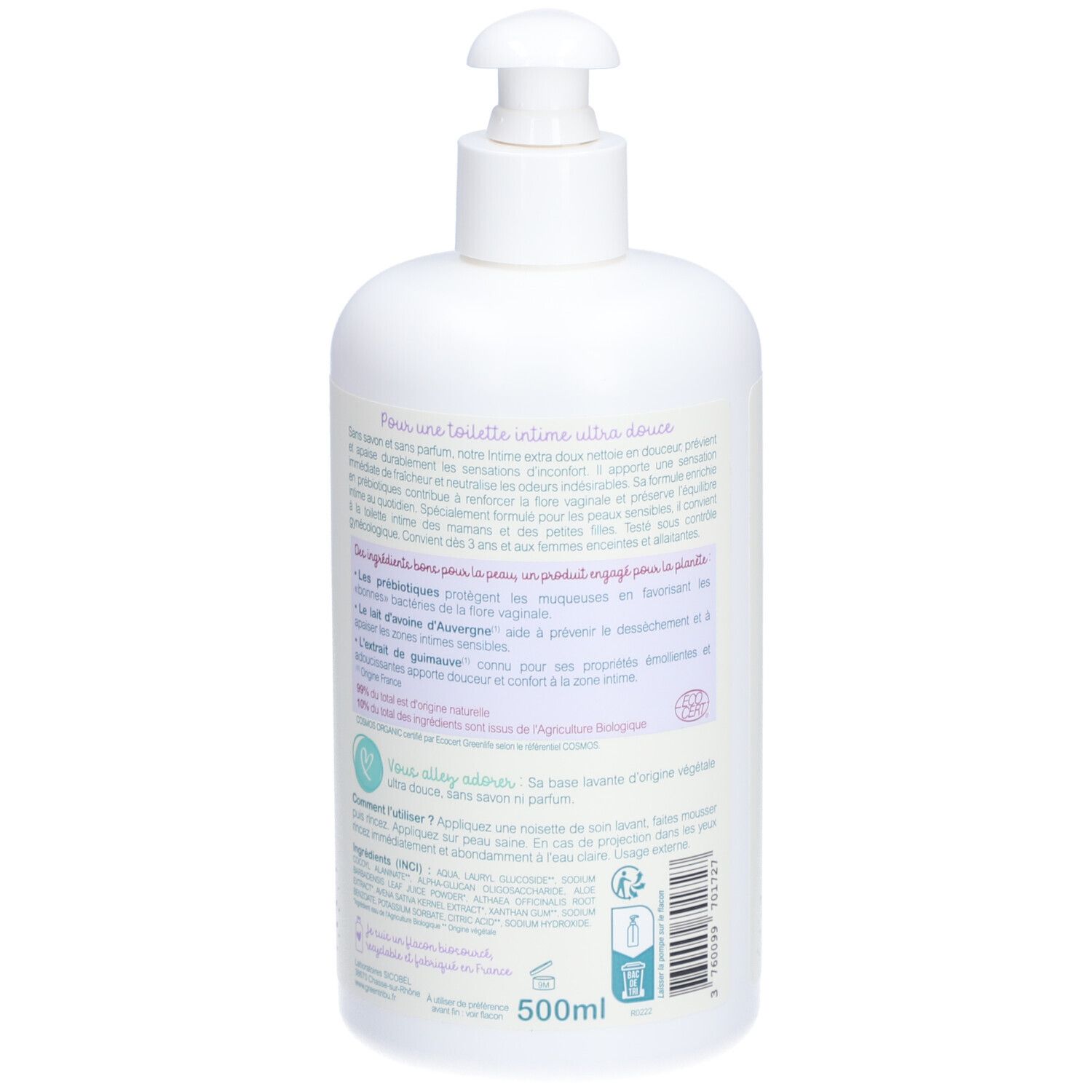 Flacon blanc avec pompe. Dos avec texte. Certification bio. Volume: 500ml. Pour toilette intime.