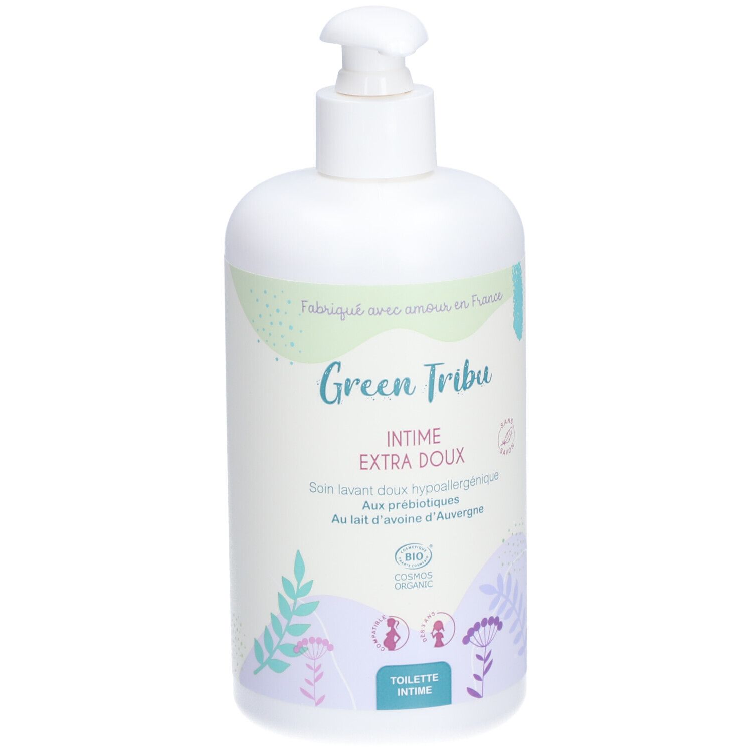 Flacon blanc avec pompe. Inscription: Green Tribu INTIME EXTRA DOUX. Certification bio. Pour toilette intime.