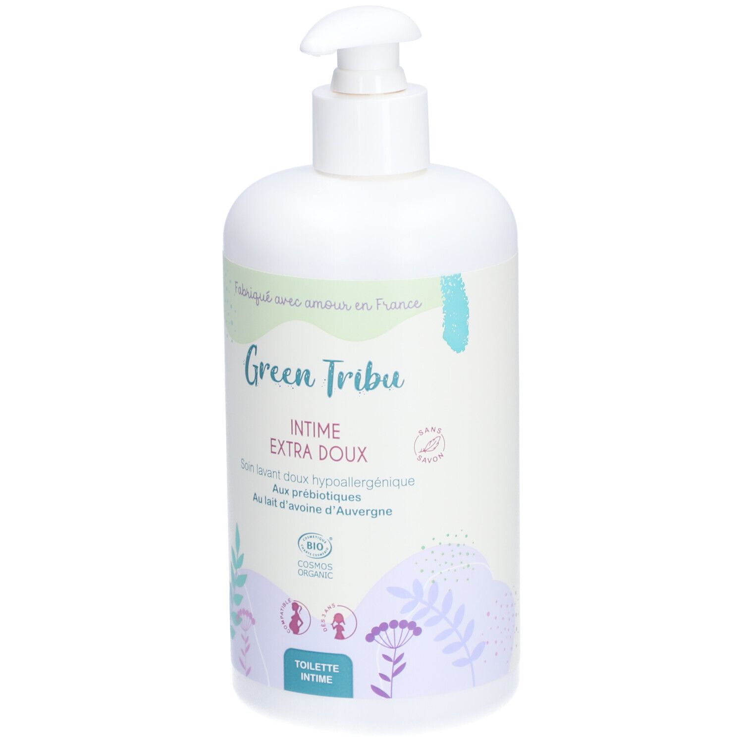 Flacon blanc avec pompe. Inscription: Green Tribu INTIME EXTRA DOUX. Certification bio. Pour toilette intime.