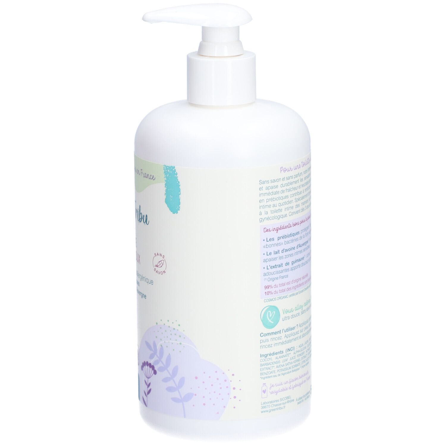 Flacon blanc avec pompe. Dos avec texte. Certification bio. Pour toilette intime. Ingrédients.