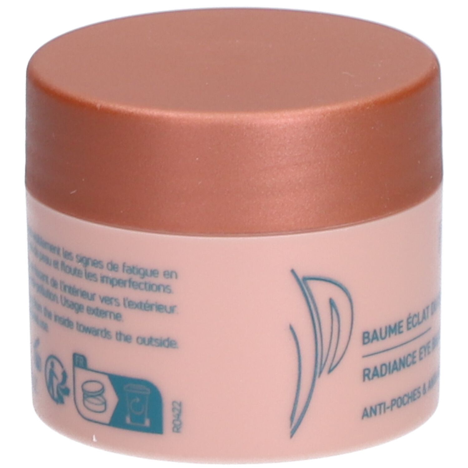 Pot rose avec couvercle marron. Inscription: Baume Éclat du Regard, Radiance Eye Balm. Texte en français. Logo avec feuille.