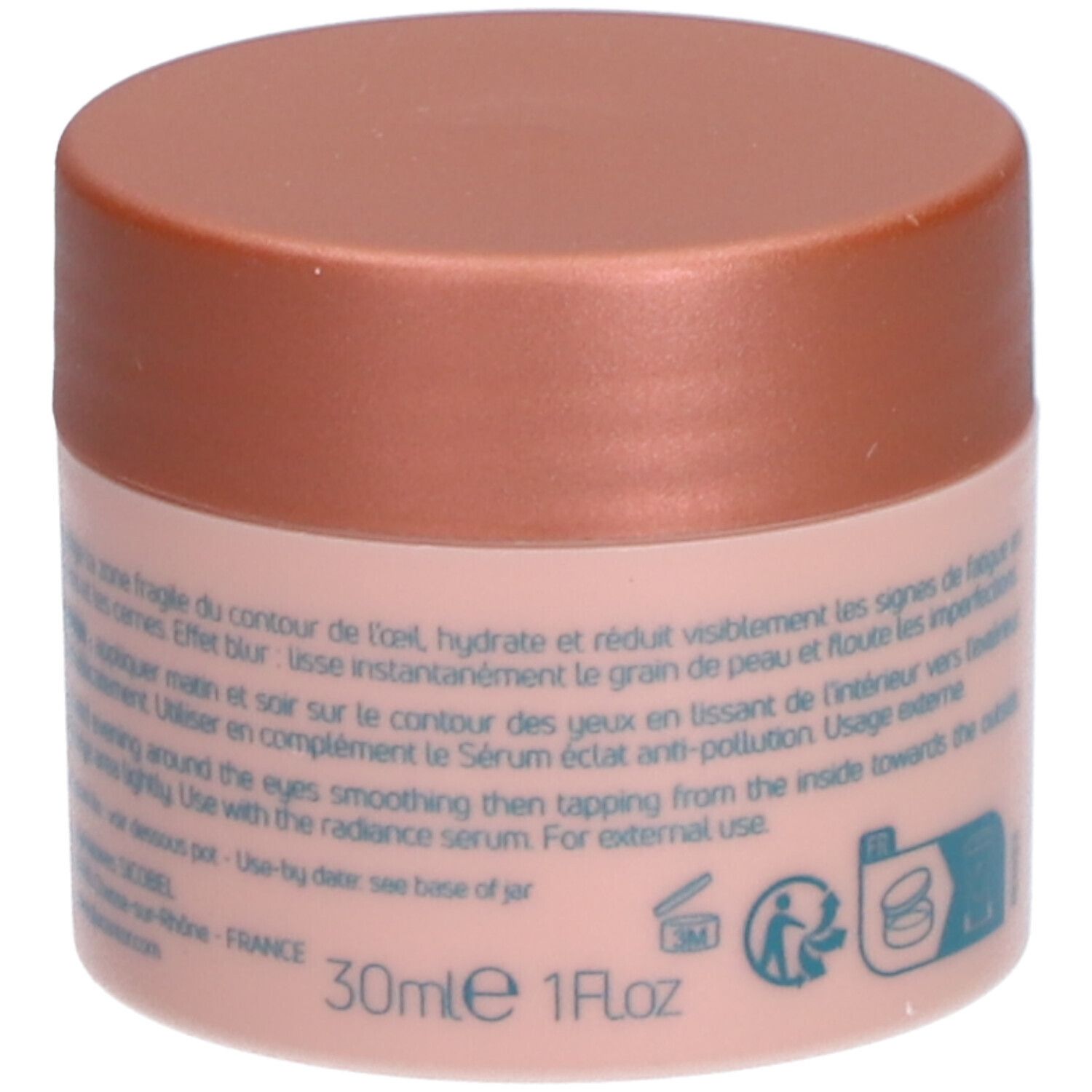 Pot rose avec couvercle marron. Inscription: 30ml 1FlOz. Texte en français. Logo avec feuille.