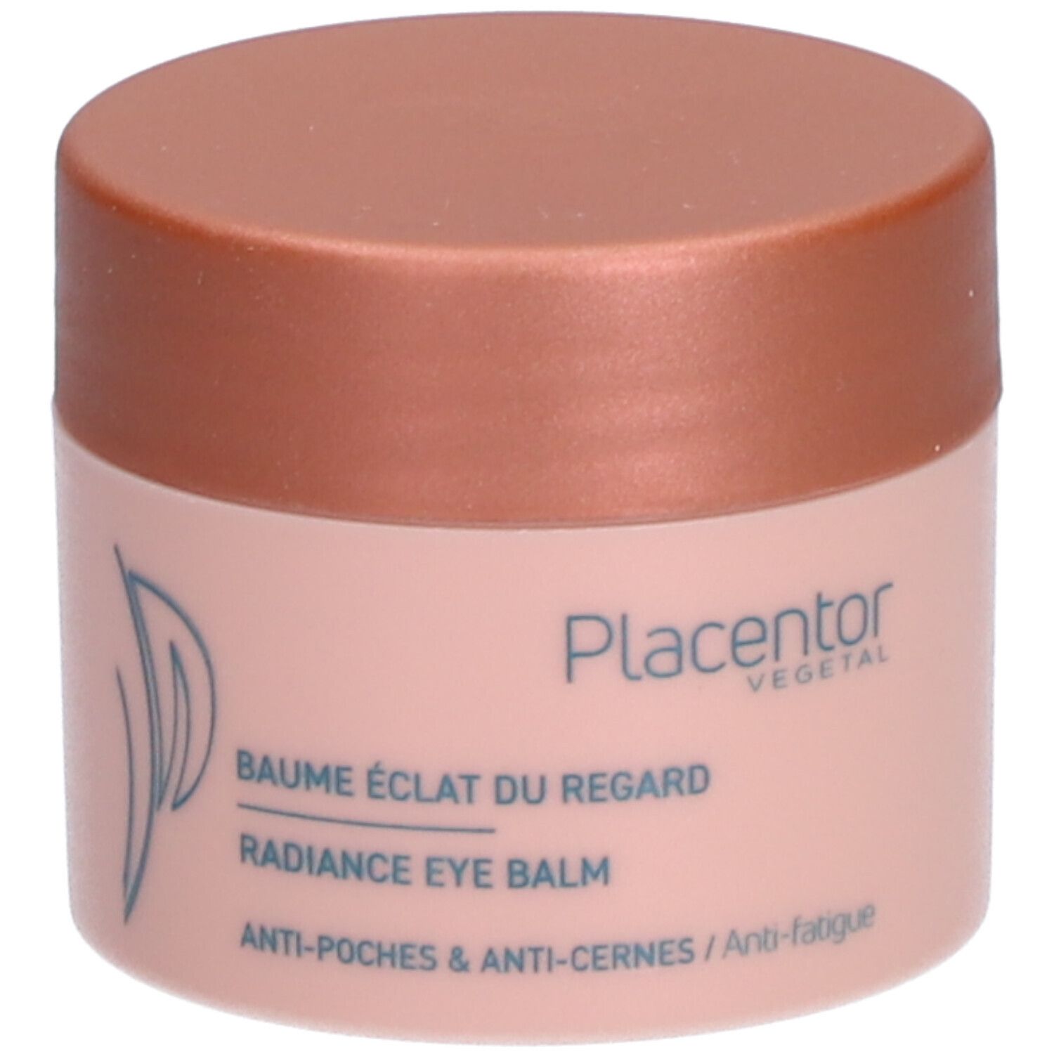 Pot rose avec couvercle marron. Inscription: Placentor Vegetal, Baume Éclat du Regard, Radiance Eye Balm. Logo avec feuille.