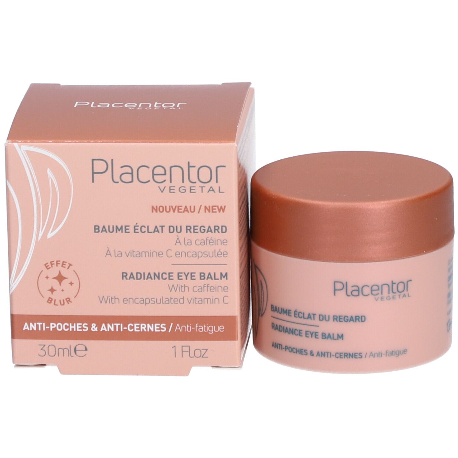 Emballage du produit avec pot et boîte. Inscription: Placentor Vegetal, Baume Éclat du Regard, Radiance Eye Balm. 30ml 1 FlOz.