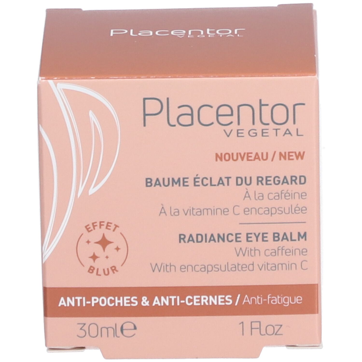 Emballage du produit. Inscription: Placentor Vegetal, Baume Éclat du Regard, Radiance Eye Balm. 30ml 1 FlOz.