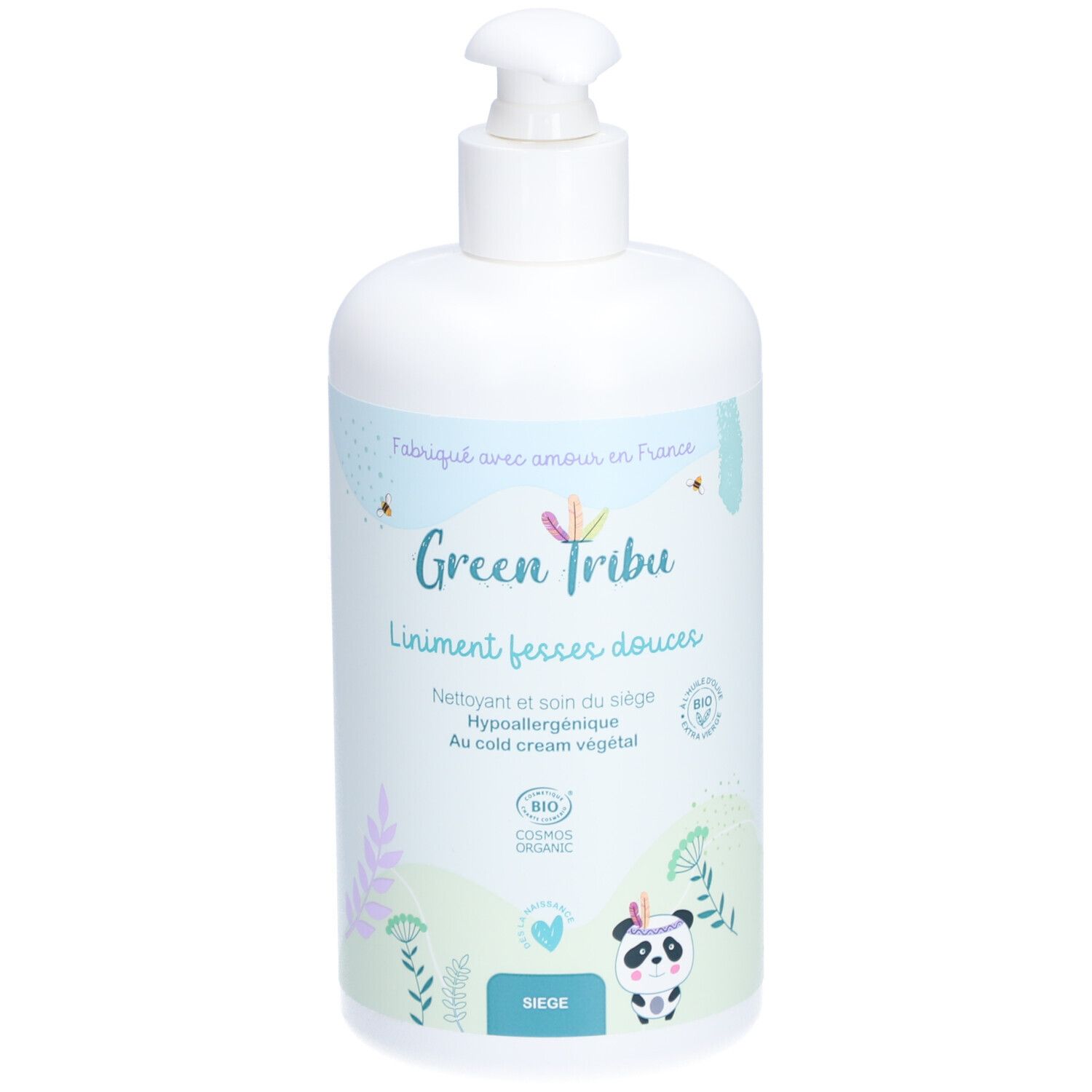 Flacon blanc avec pompe. Inscription: Green Tribu, Liniment fesses douces. Certification bio. Illustrations.
