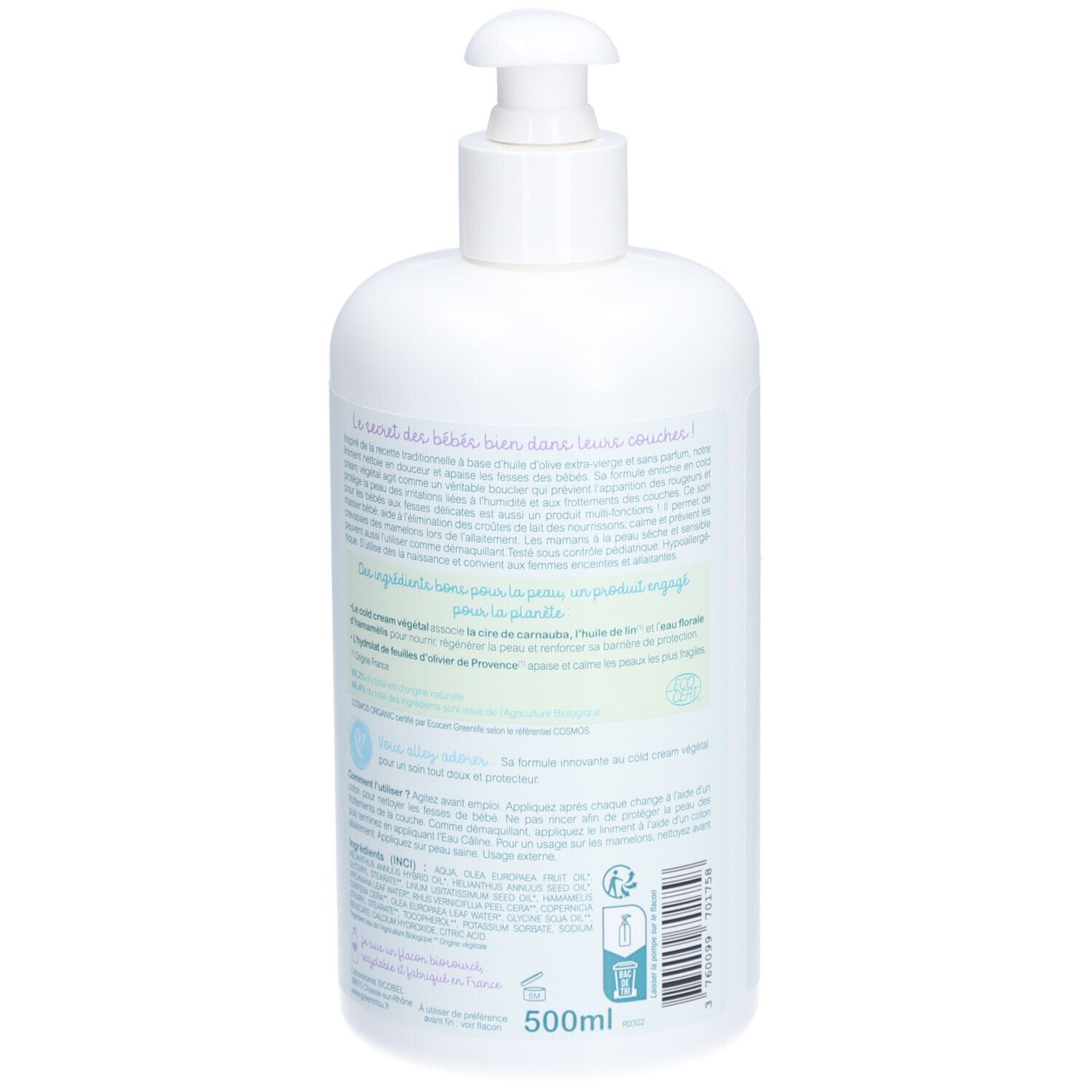 Flacon blanc avec pompe. Texte au dos. Certification bio. Volume: 500ml.