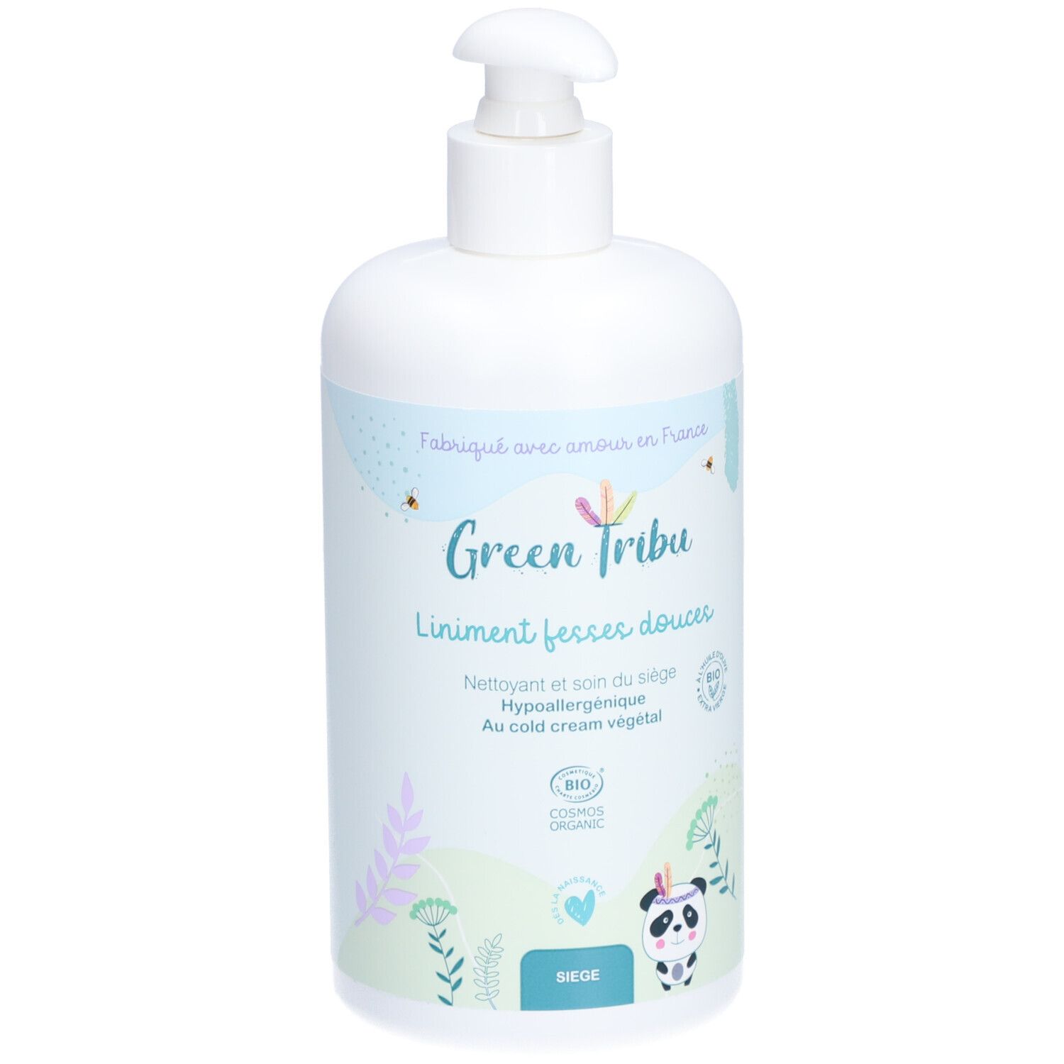 Flacon blanc avec pompe. Inscription: Green Tribu, Liniment fesses douces. Certification bio. Illustrations.