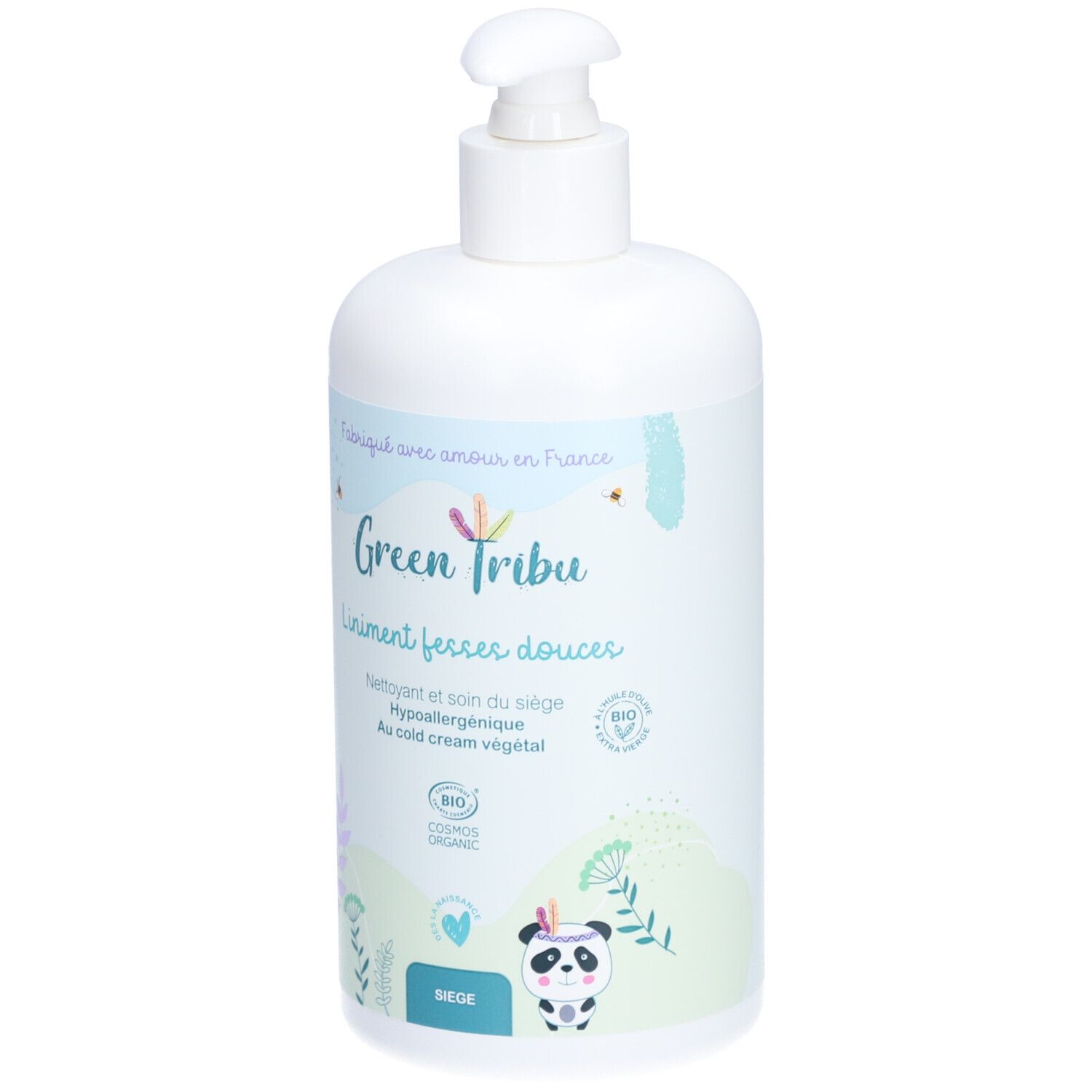 Flacon blanc avec pompe. Inscription: Green Tribu, Liniment fesses douces. Certification bio. Illustrations.