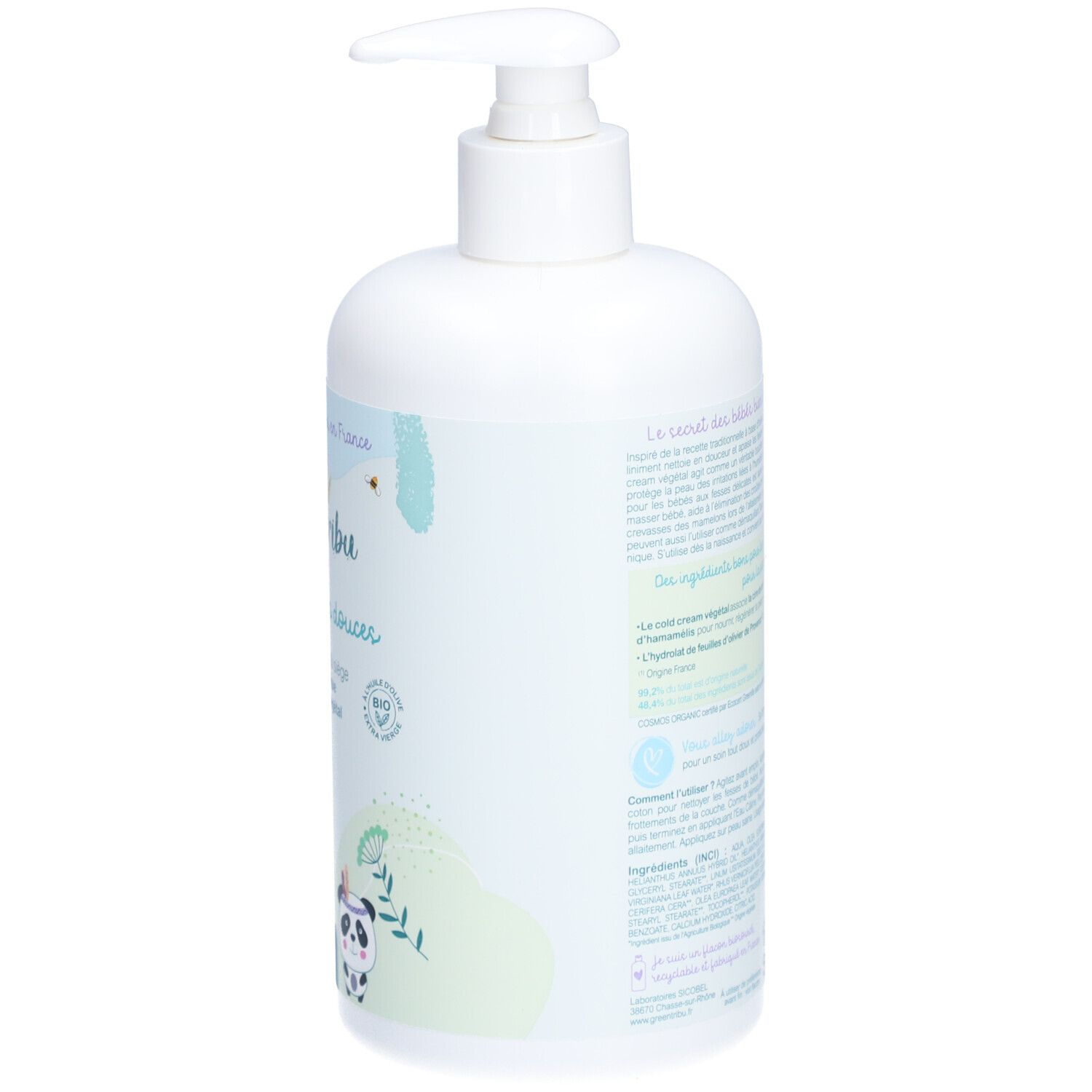 Flacon blanc avec pompe. Texte sur le côté. Inscription: Green Tribu, Liniment fesses douces. Certification bio.
