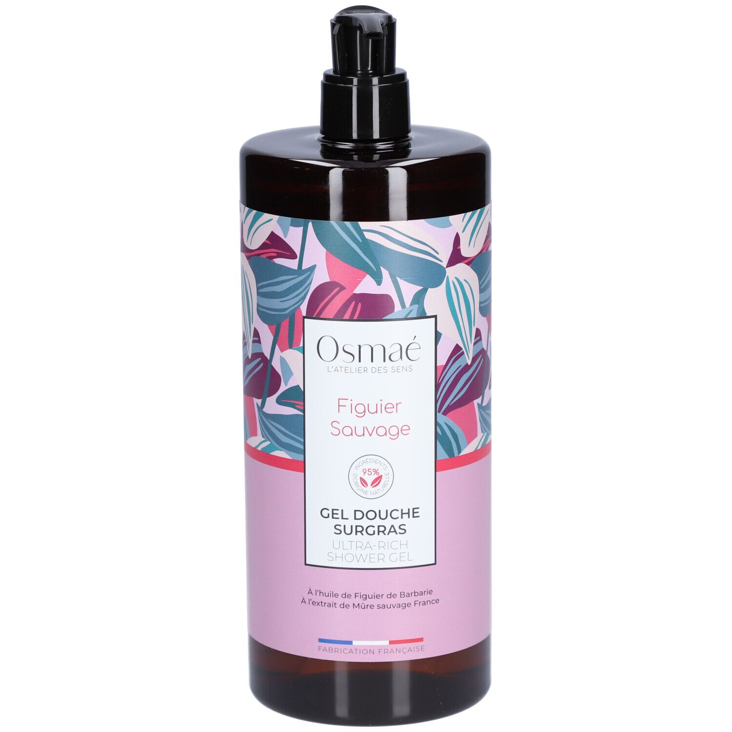 Bruine fles met zwarte pomp. Etiket met bloemenpatroon en productnaam: Figuier Sauvage Rückfettendes Duschgel.