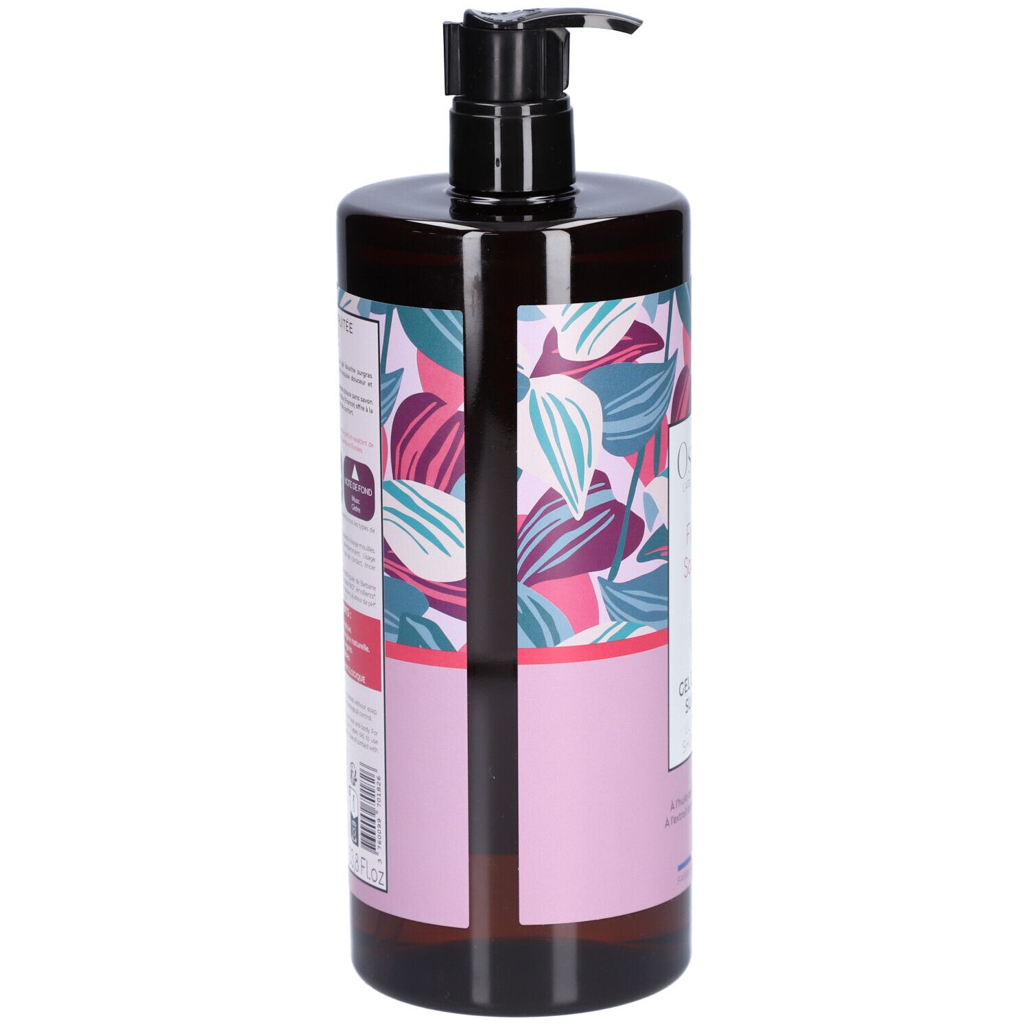 Bruine fles met zwarte pomp. Etiket met bloemenpatroon en productinformatie. Achteraanzicht.