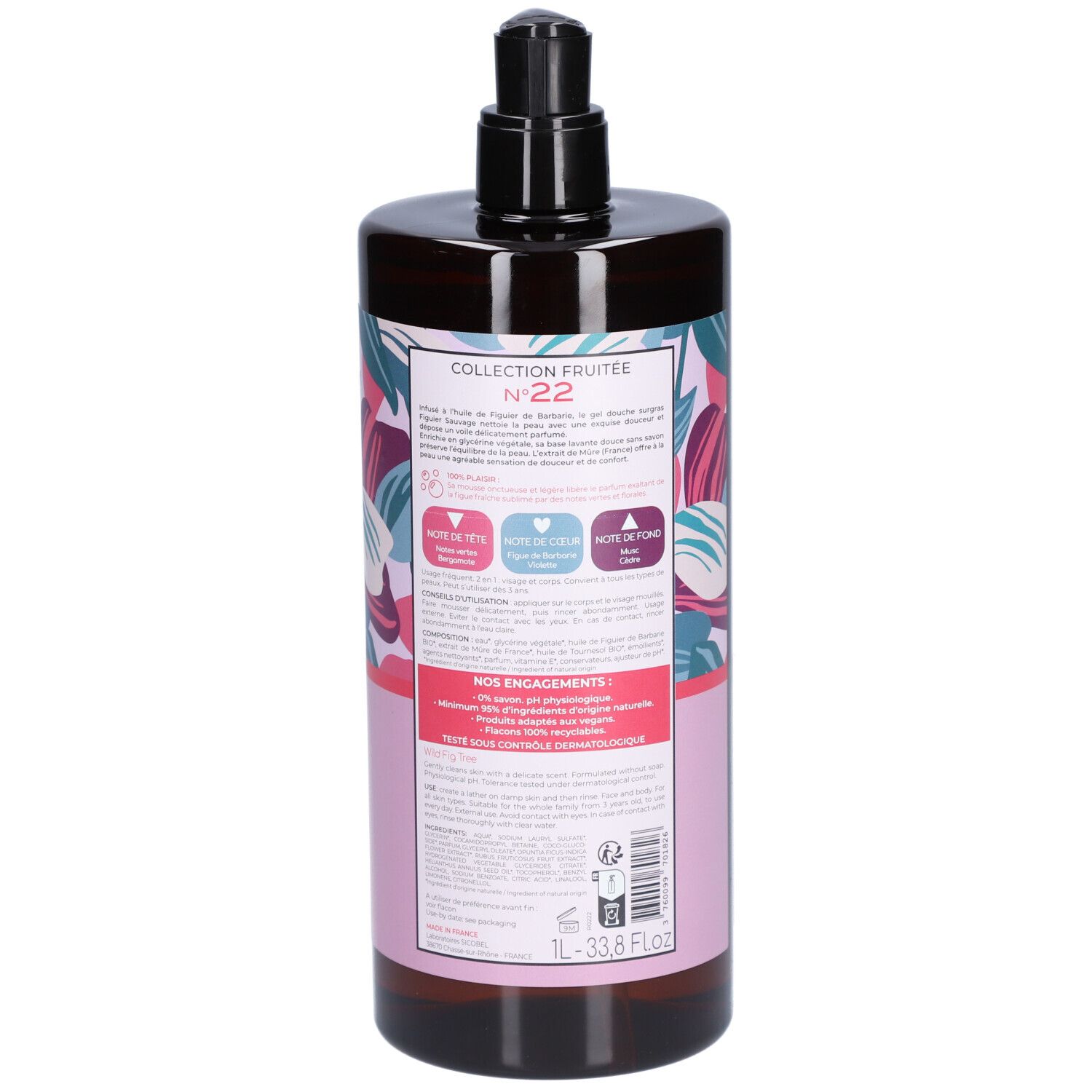 Bruine fles met zwarte pomp. Achterkant met etiket, tekst en bloemenpatroon. Productinformatie.