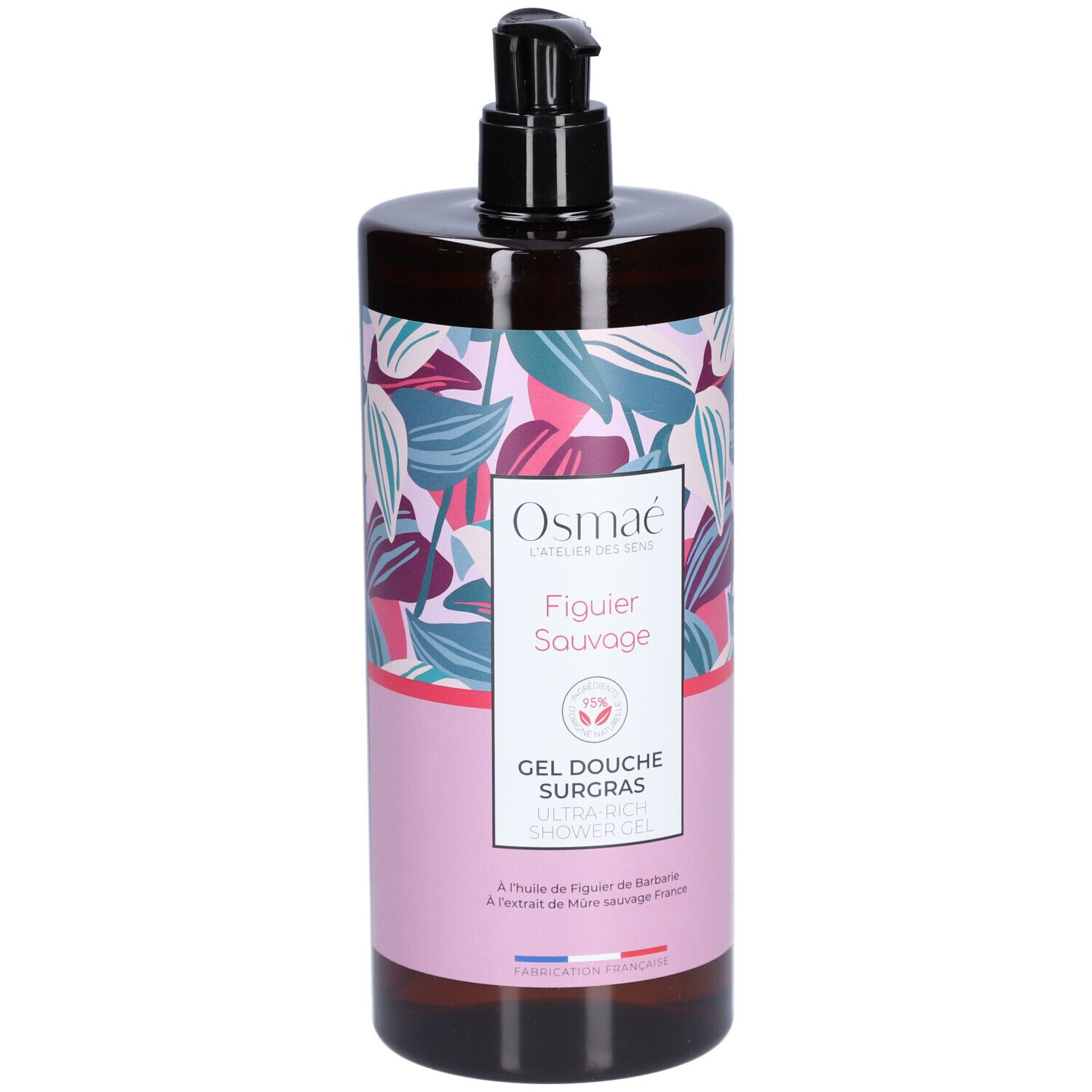 Bruine fles met zwarte pomp. Etiket met bloemenpatroon en productnaam: Figuier Sauvage Rückfettendes Duschgel.