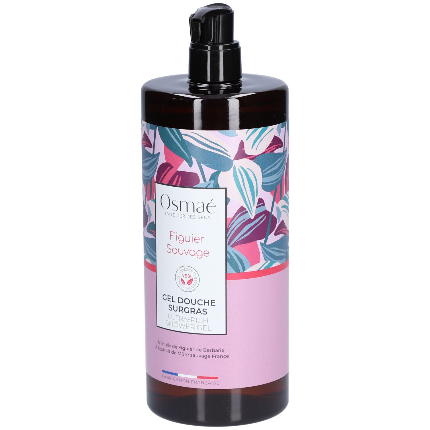 Bruine fles met zwarte pomp. Etiket met bloemenpatroon en productnaam: Figuier Sauvage Rückfettendes Duschgel.