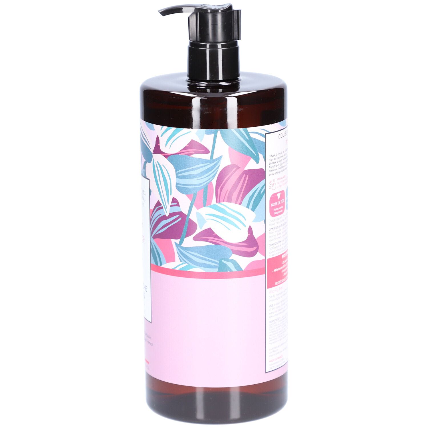 Bruine fles met zwarte pomp. Etiket met bloemenpatroon en productinformatie. Achteraanzicht.