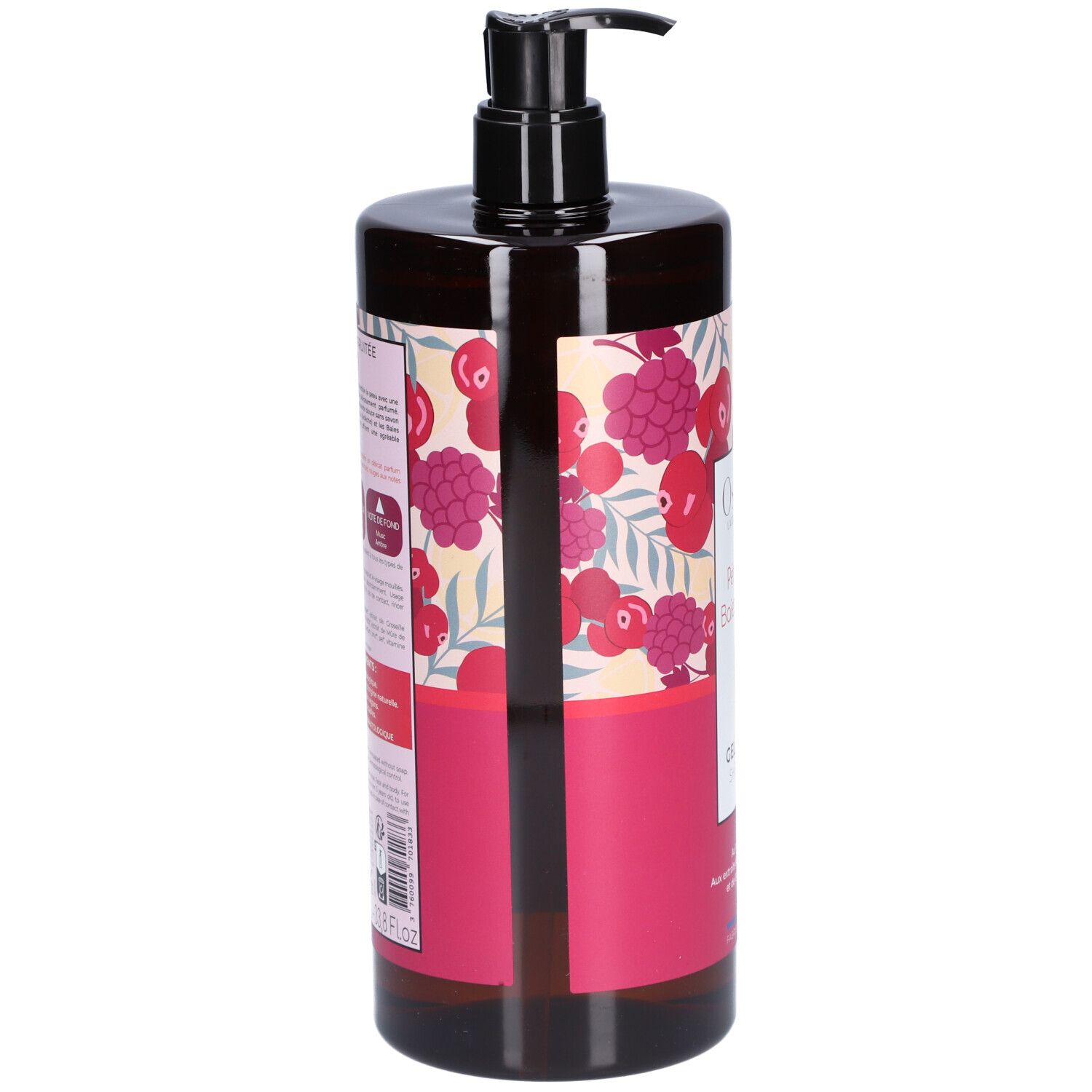 Flacon marron avec pompe noire. Étiquette avec nom du produit et fruits rouges. Vue latérale.