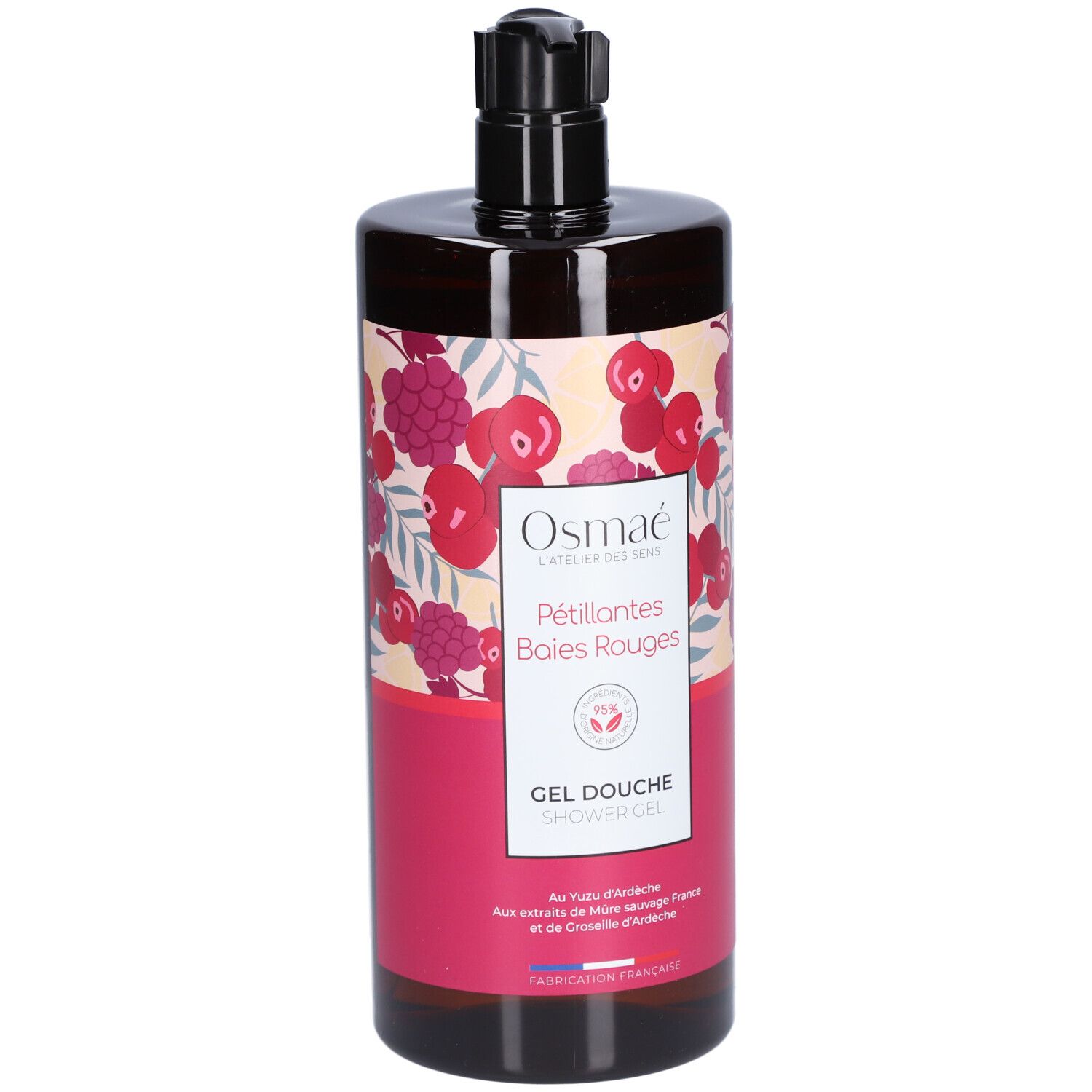 Flacon marron avec pompe noire. Étiquette avec nom du produit et fruits rouges. "Gel Douche".