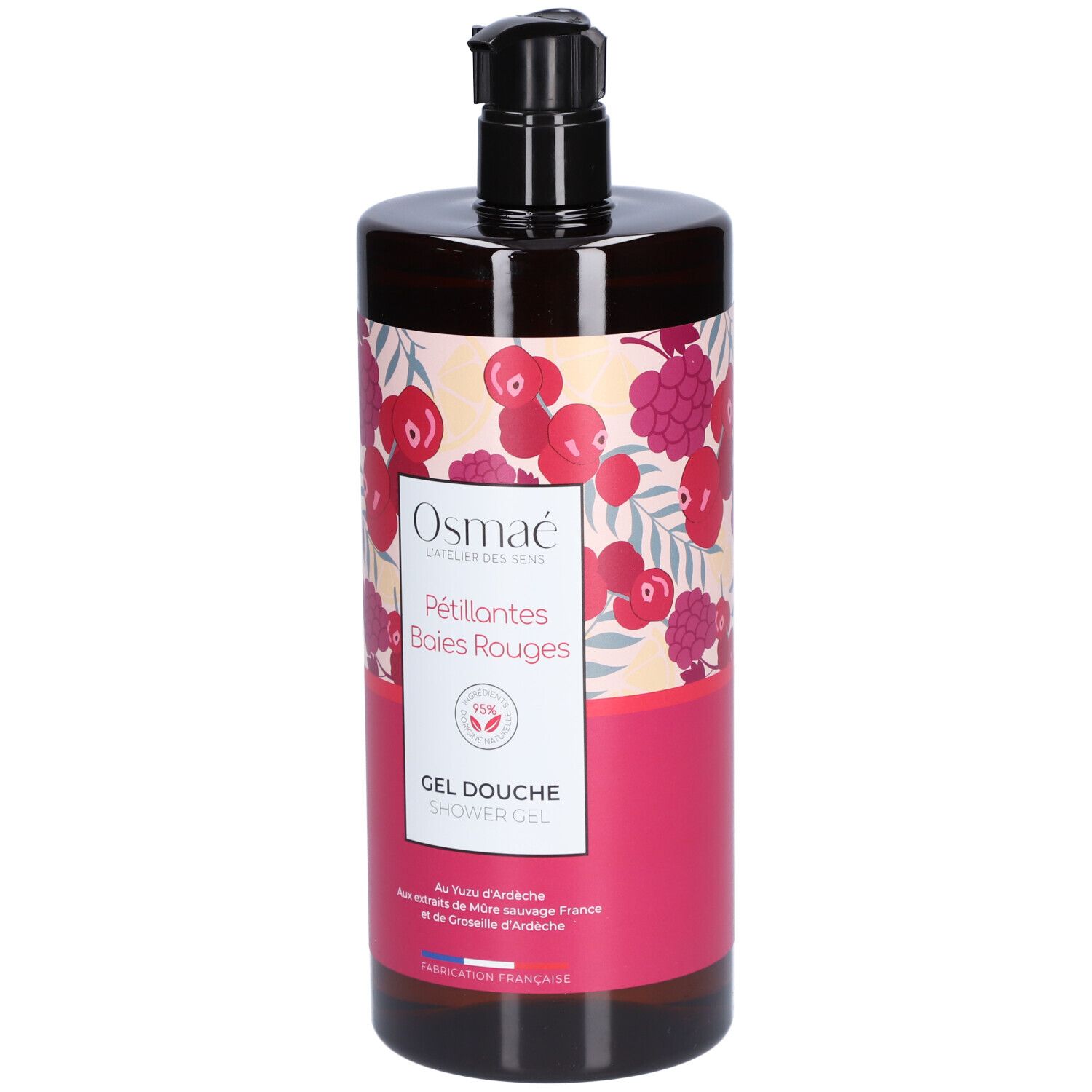 Flacon marron avec pompe noire. Étiquette avec nom du produit et fruits rouges. "Gel Douche".