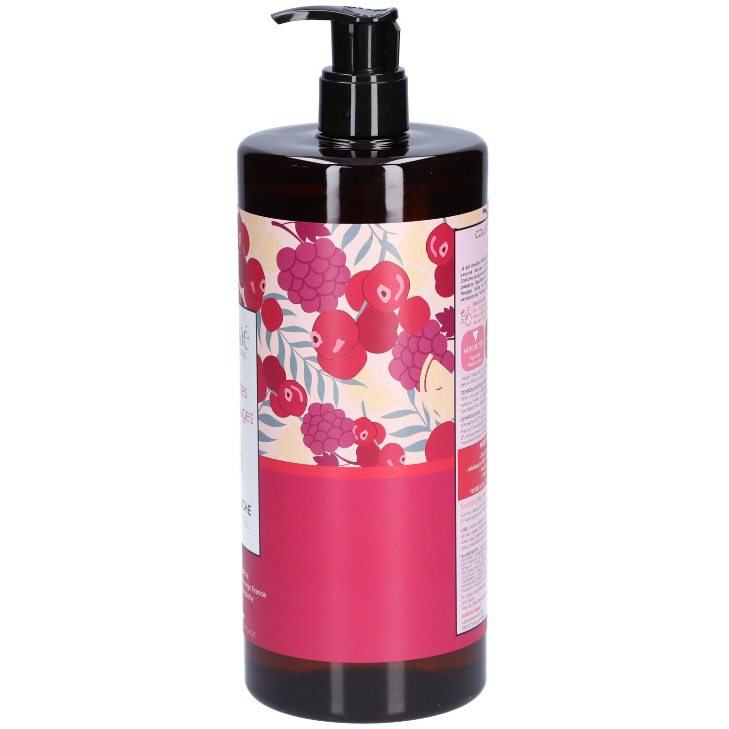 Flacon marron avec pompe noire. Étiquette avec nom du produit et fruits rouges. Vue latérale.