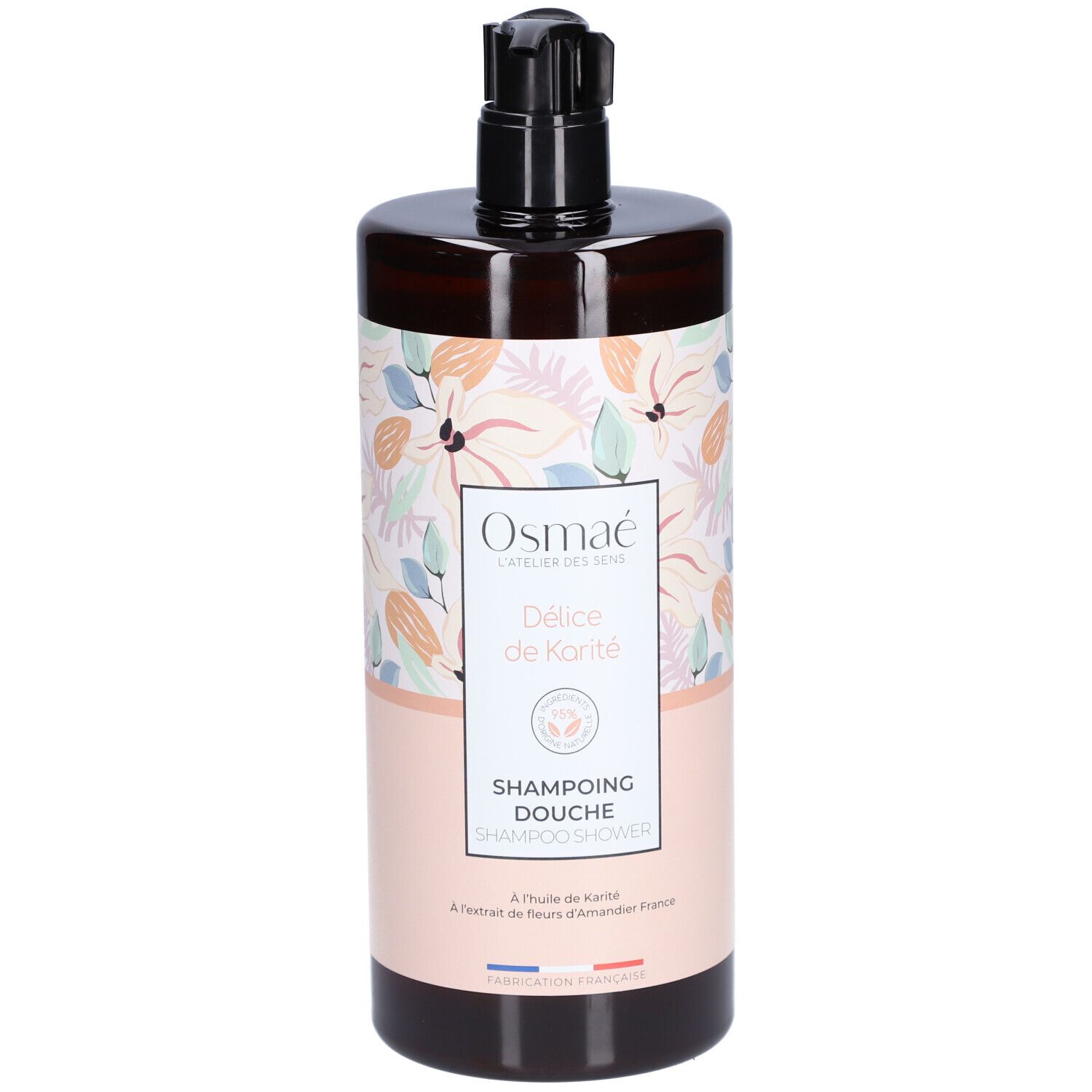 Flacon marron avec pompe noire. Étiquette florale et texte: Shampoing Douche Délice de Karité. Logo Osmaé.