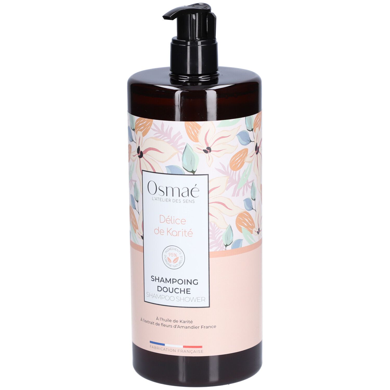 Flacon marron avec pompe noire. Étiquette florale et texte: Shampoing Douche Délice de Karité. Logo Osmaé.