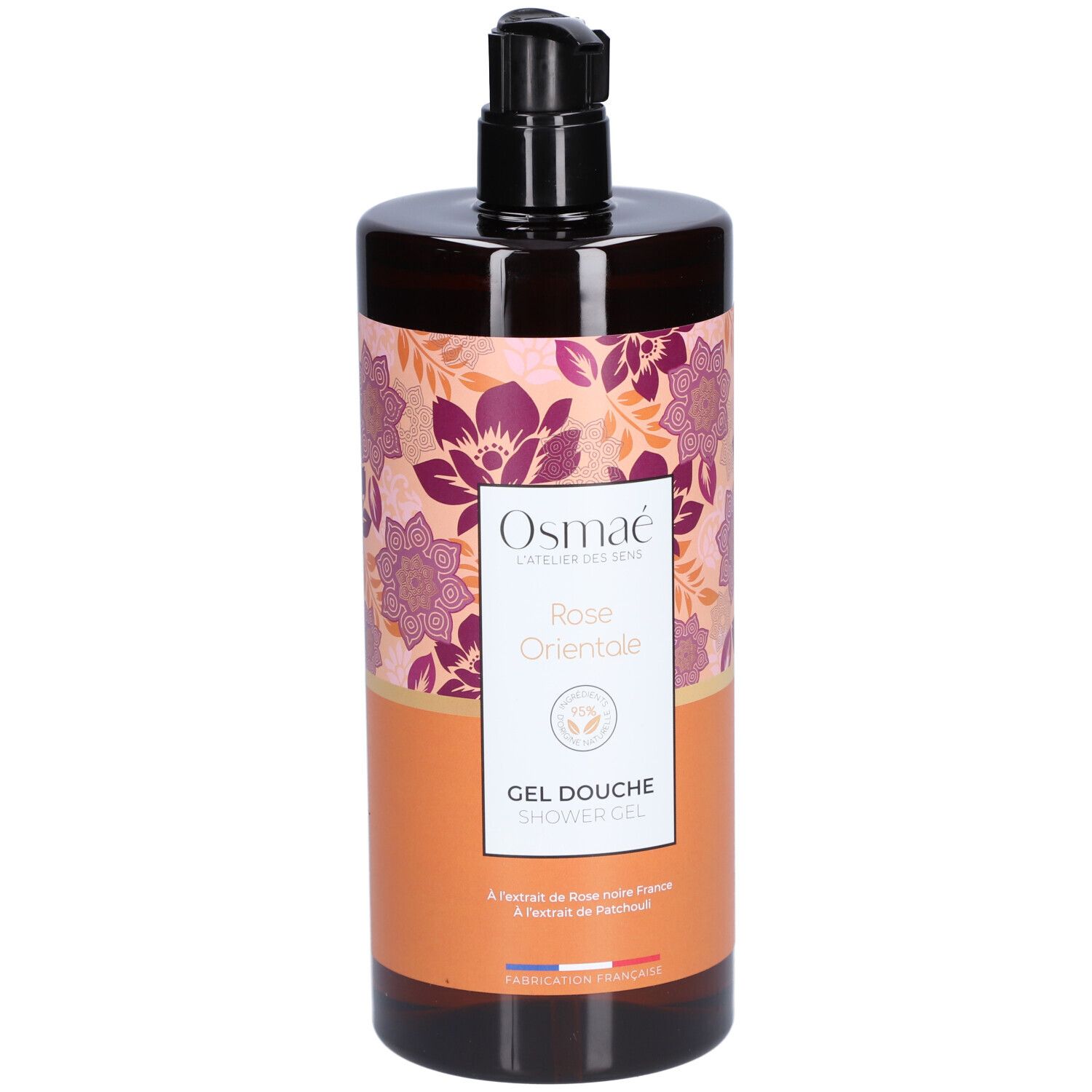 Flacon marron avec pompe doseuse. Étiquette avec motif floral et texte: Osmaé, Rose Orientale, Gel Douche.