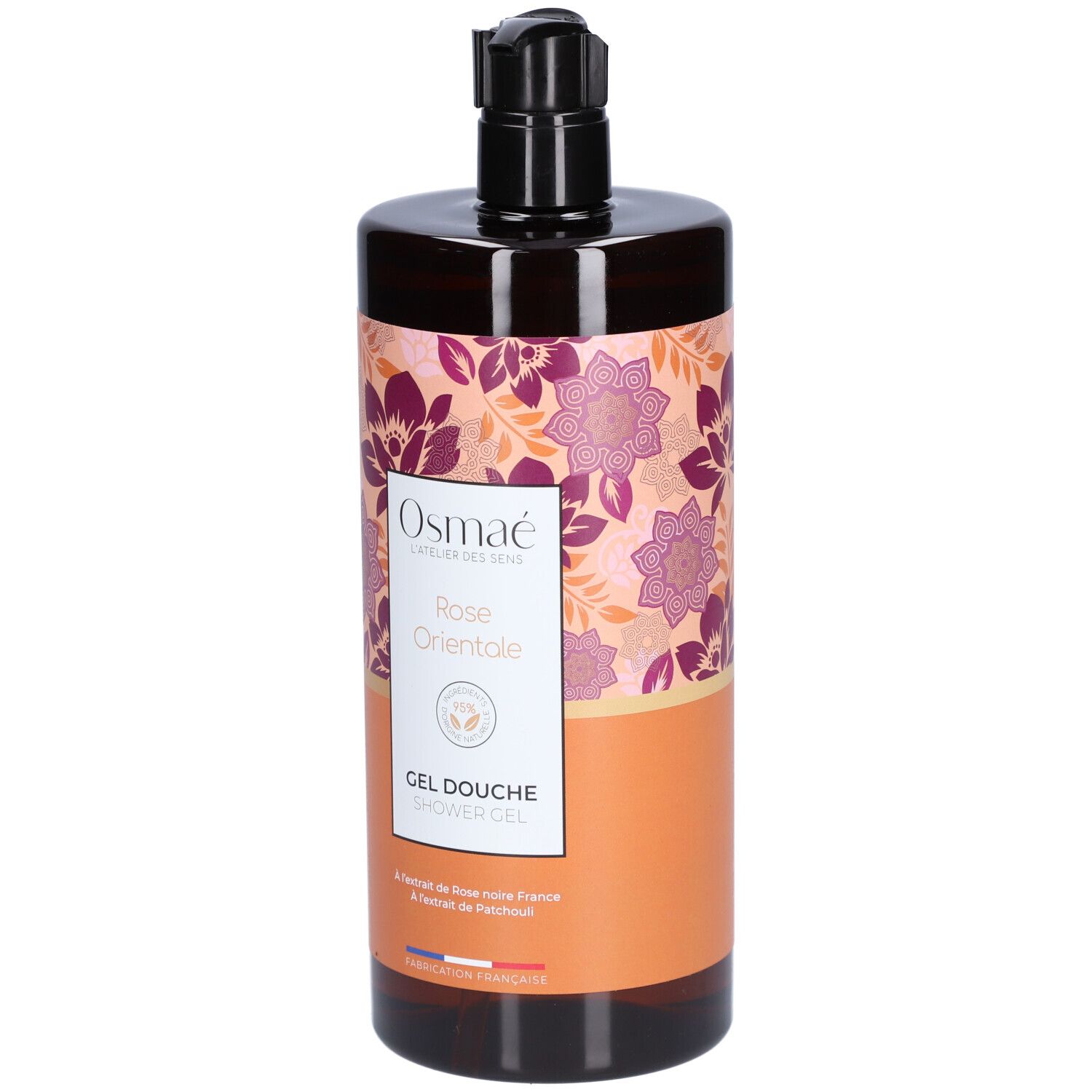 Flacon marron avec pompe doseuse. Étiquette avec motif floral et texte: Osmaé, Rose Orientale, Gel Douche.
