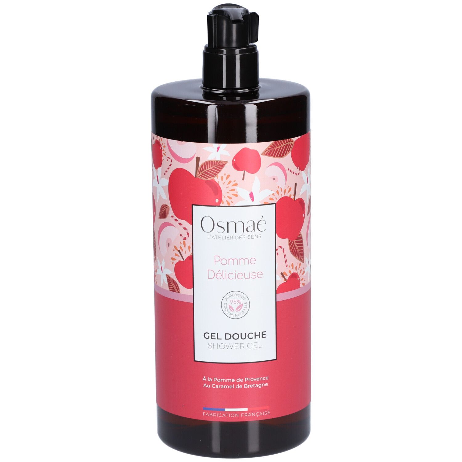 Flacon marron avec pompe noire. Étiquette avec motifs de pommes et texte: Osmaé, Pomme Délicieuse, Gel Douche.