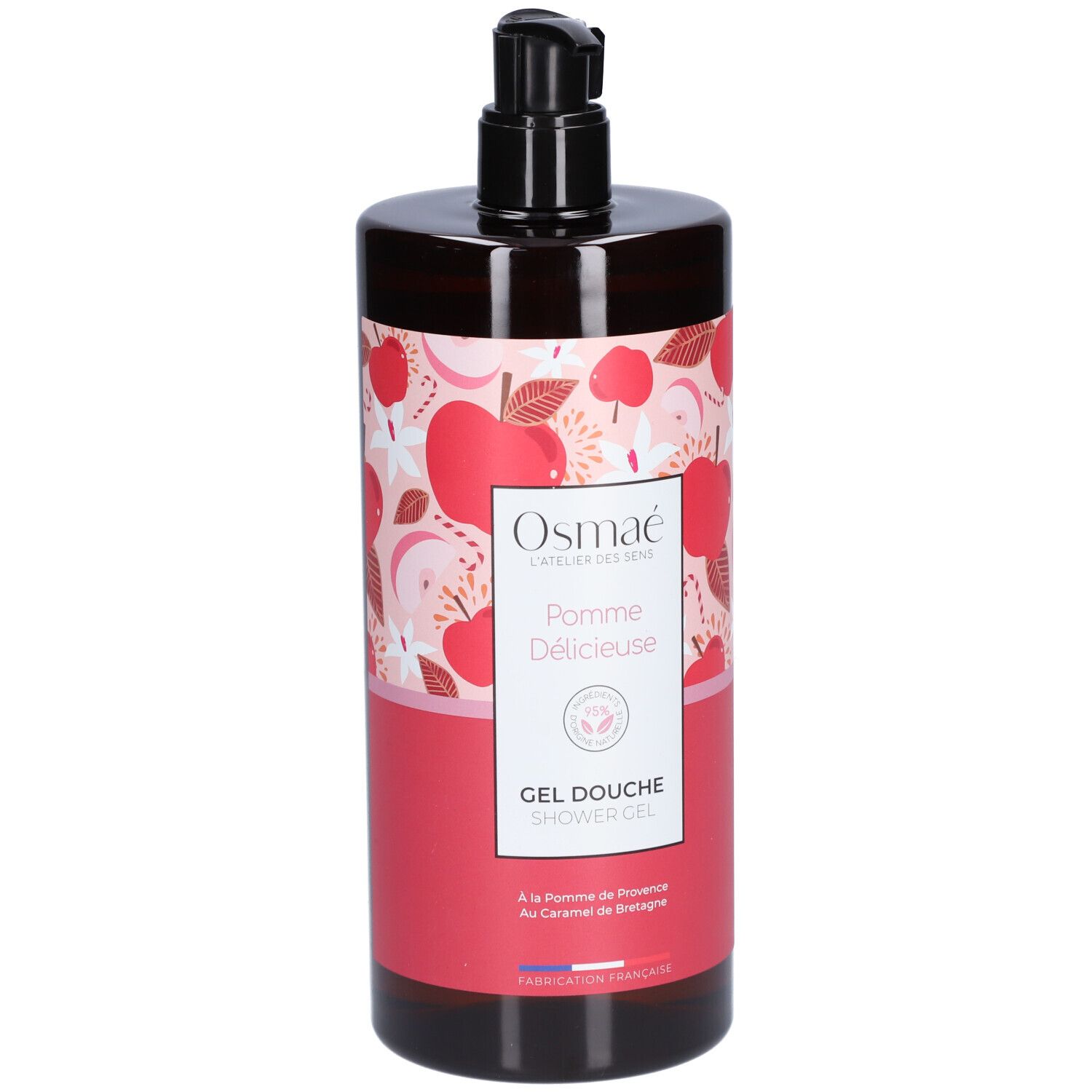 Flacon marron avec pompe noire. Étiquette avec motifs de pommes et texte: Osmaé, Pomme Délicieuse, Gel Douche.