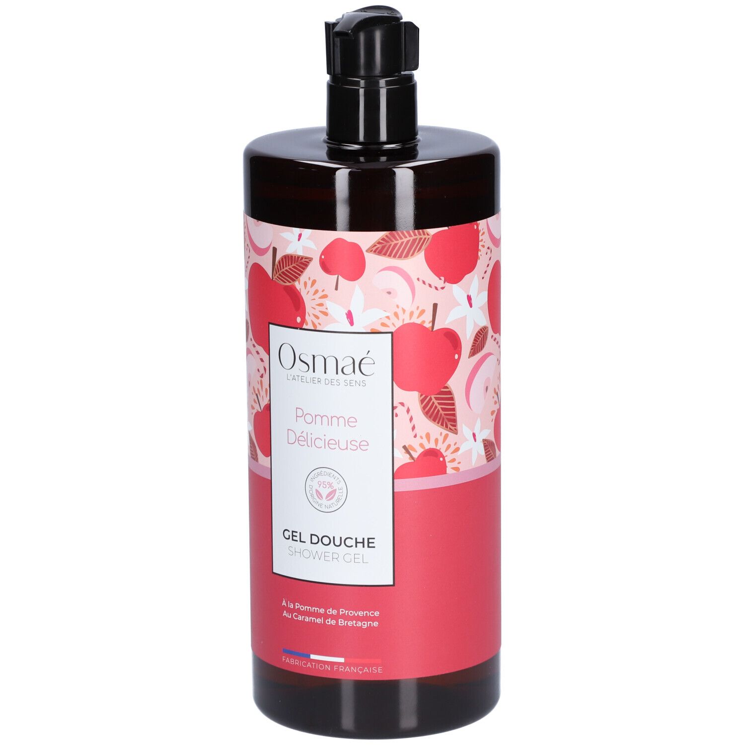 Flacon marron avec pompe noire. Étiquette avec motifs de pommes et texte: Osmaé, Pomme Délicieuse, Gel Douche.
