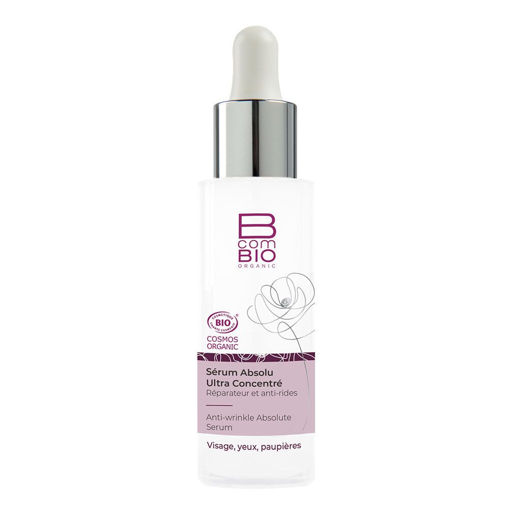Flacon de sérum avec pipette. Inscription: B COM BIO ORGANIC. Certification: COSMOS ORGANIC. Texte: Sérum Absolu Ultra Concentré.