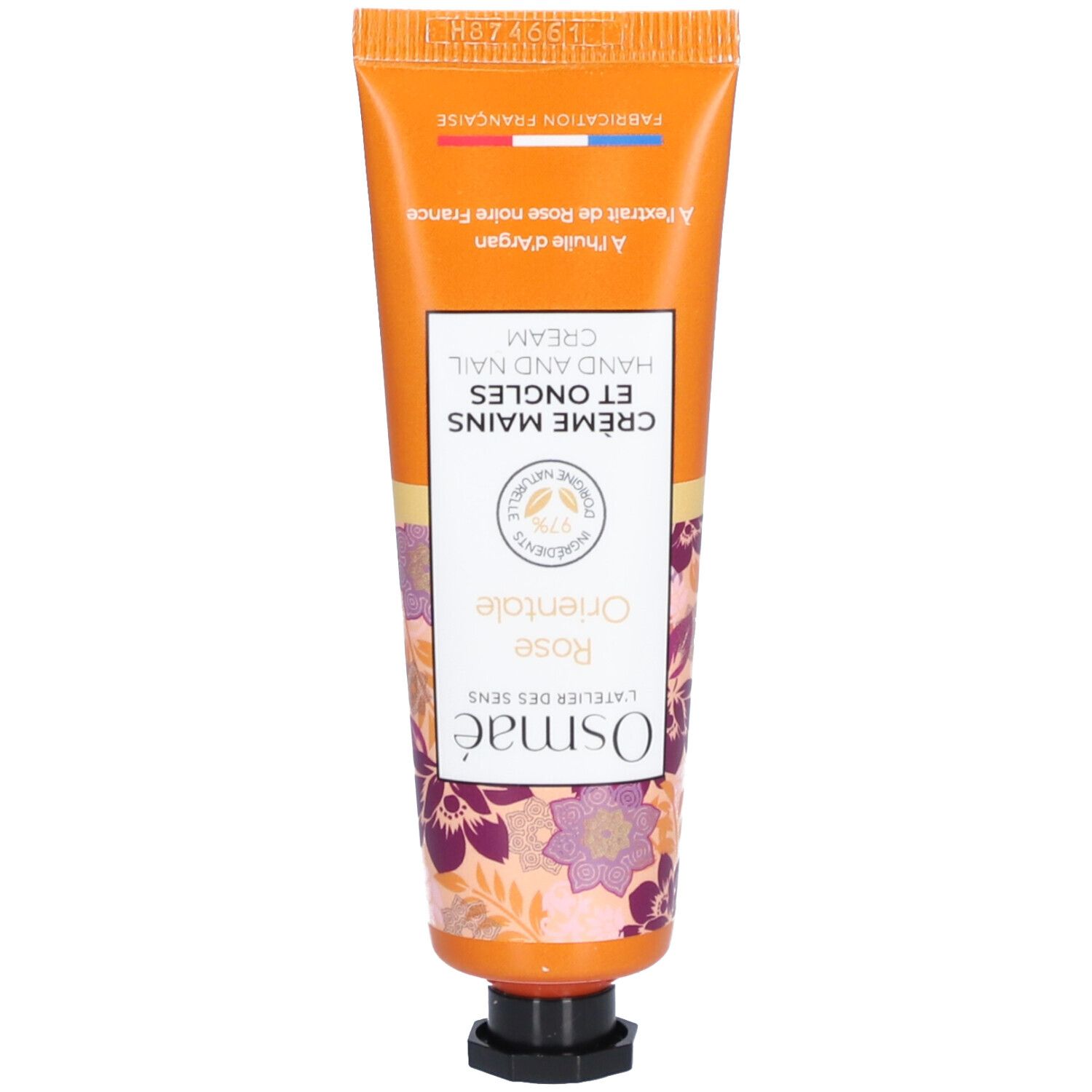 Tube orange "Osmaé Crème mains et ongles Rose orientale". Motif floral, bouchon noir. Texte français.