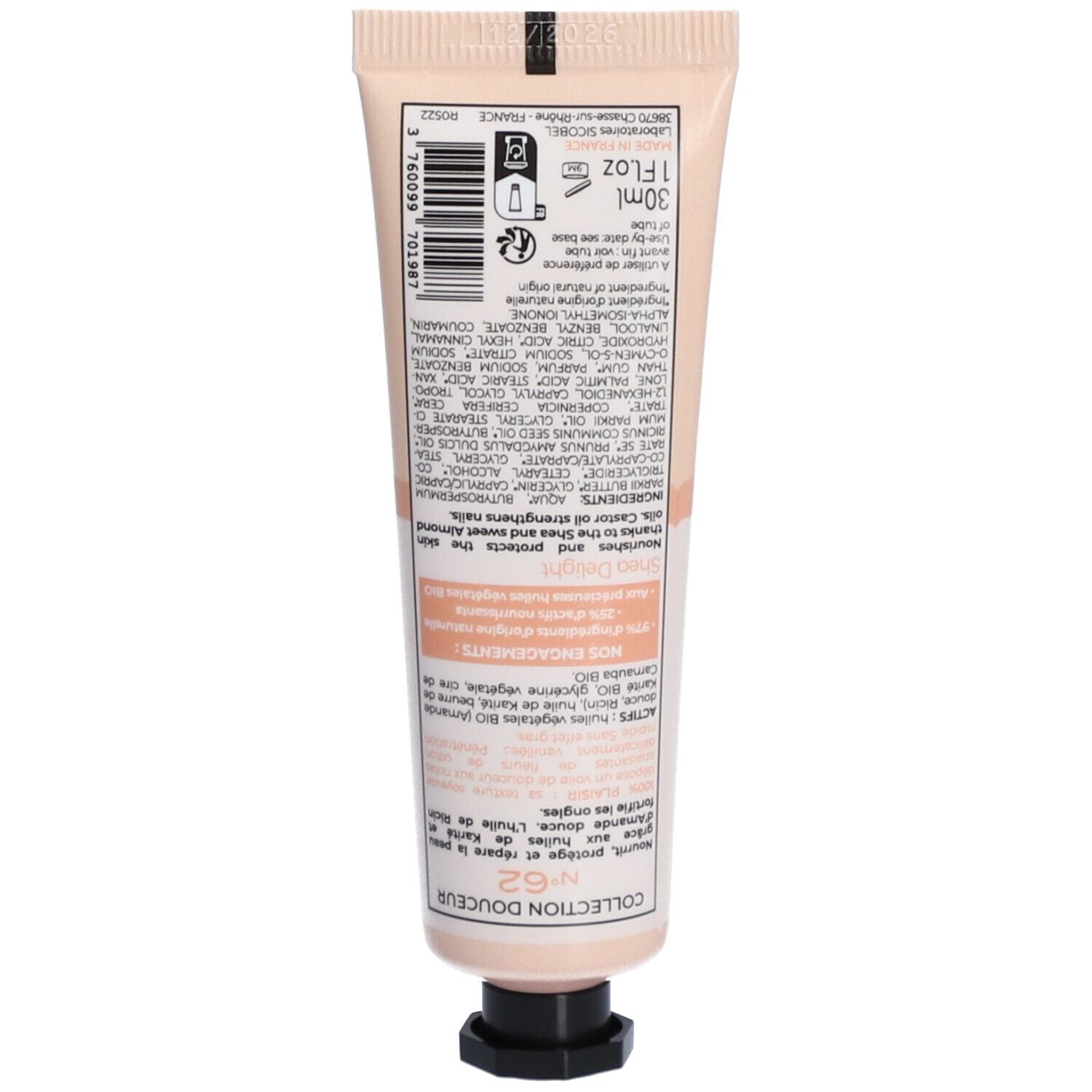 Dos du tube de crème mains et ongles. Ingrédients, informations produit et code-barres. Texte français.